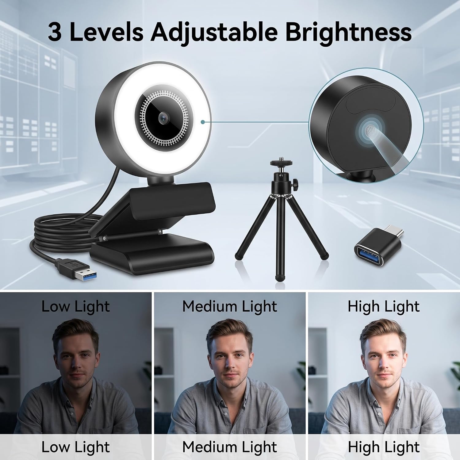1080P HD Mini Webcam with 3-Color Fill Light, Wide Angle Lens, Noise Canceling Microphone and Tripod, USB C Adapter Included for Laptop Desktop Zoom Skype Streaming Gaming