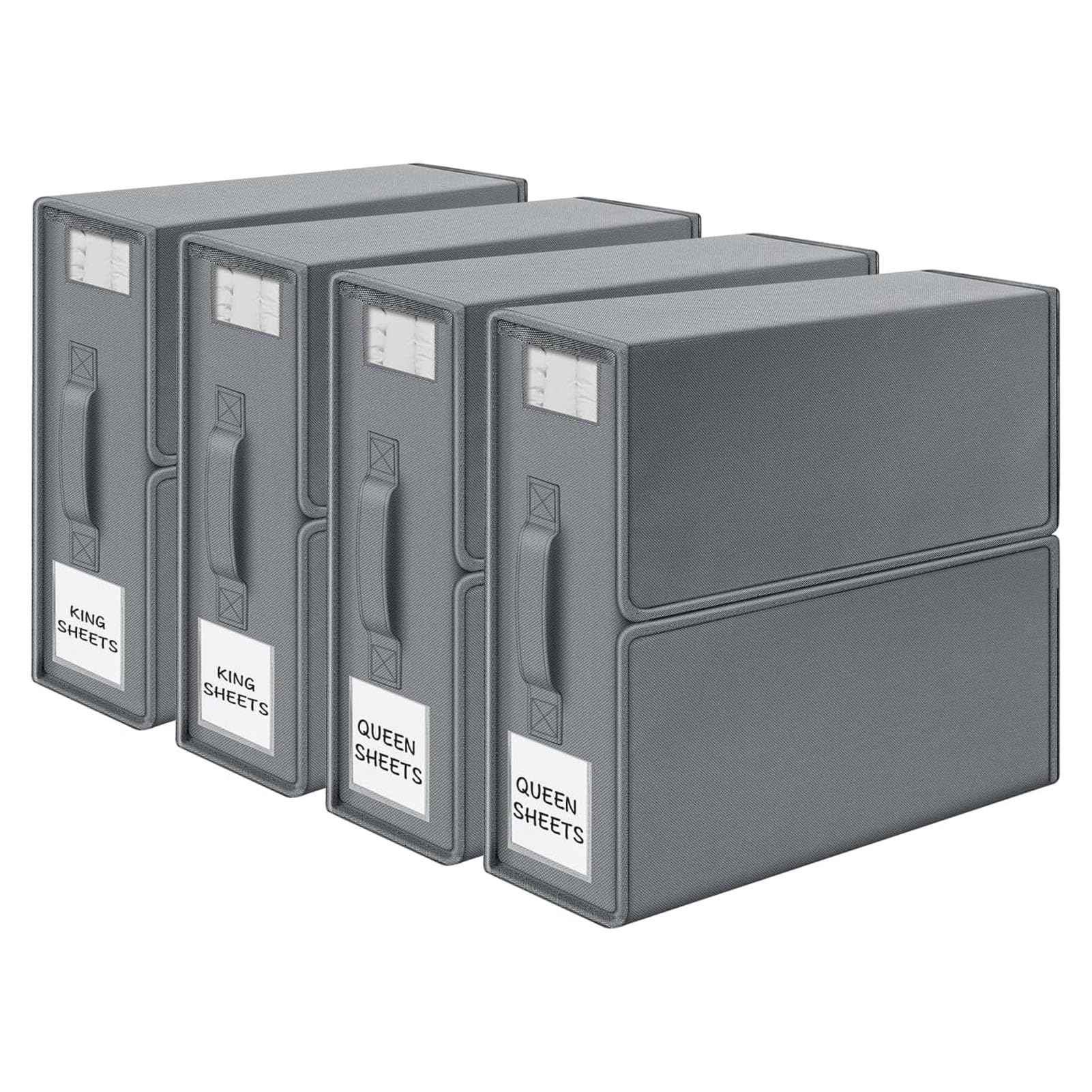 HIKKY 4 Pack Bed Sheet Organizers and Storage, Foldable Linen Closet Organizer with Window and Label,Sheets Set Folder Keeper,Bedding Storage Box for Bedsheets,Duvet Covers and Pillow,Bed Sheet Set