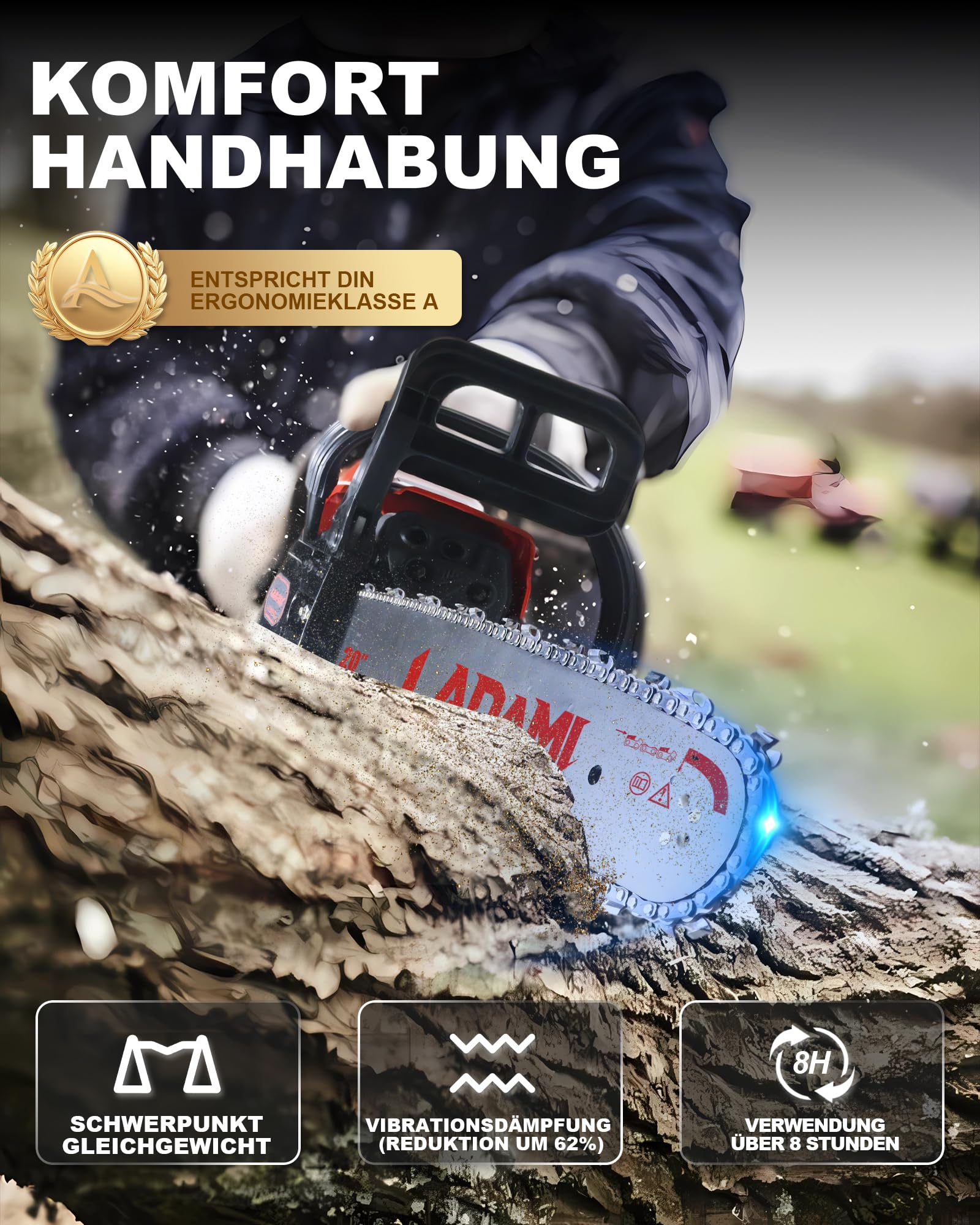 Benzin Kettensäge 58CC Profi,2-Takt-Motorsäge,3,5PS Motorkettensäge mit 20 Zoll&16 Zoll Schwert,2 Ketten,Vibrationsdämpfung,Sicherheitsschalter,Benzin-Baumpflegesäge für Holzfällen,Gartenarbeit