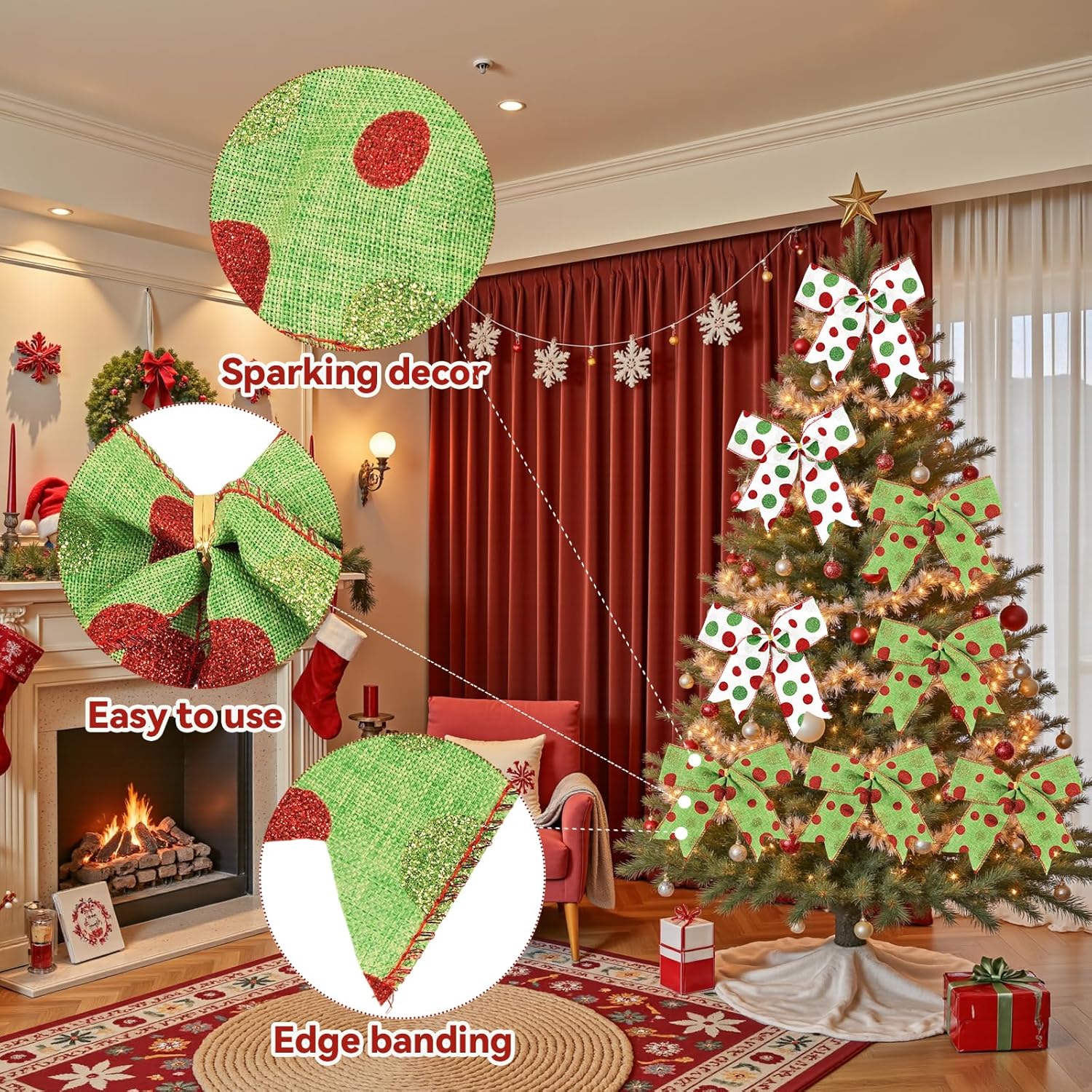 12 Pcs Christmas Bows, 6 Inch Glitter Dot Bows, Xmas Tree Bows for Crafts Gift Wrapping Christmas Holiday Party Decorations - Image 3