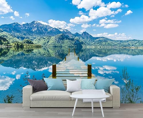 Papel tapiz con diseño de cielo azul, nubes blancas, puente de madera y lago, para dormitorio (no se puede despegar ni pegar)