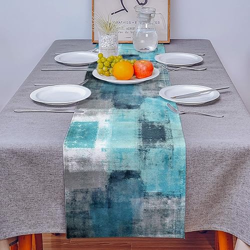 Miniatura 4 de Camino de mesa turquesa, camino de mesa verde azulado y gris, bufandas de arte abstracto, caminos de mesa de comedor de 90 pulgadas de largo,