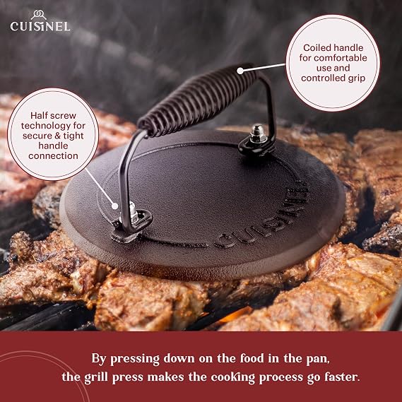 Cast Iron Skillet + Grill Press + Scraper Set - 12-inch Pre-Seasoned Frying Pan + Silicone Handle Grip - 7 Round Burger Smasher - Indoor/Outdoor, Stove, Oven, Grill, Induction Kitchen Cookware
