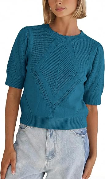 SCUSTY Womens Short Sleeve Knit Sweater Puff Sleeve Crew Neck Cropped Lightweight Knit Pullover Top Tee