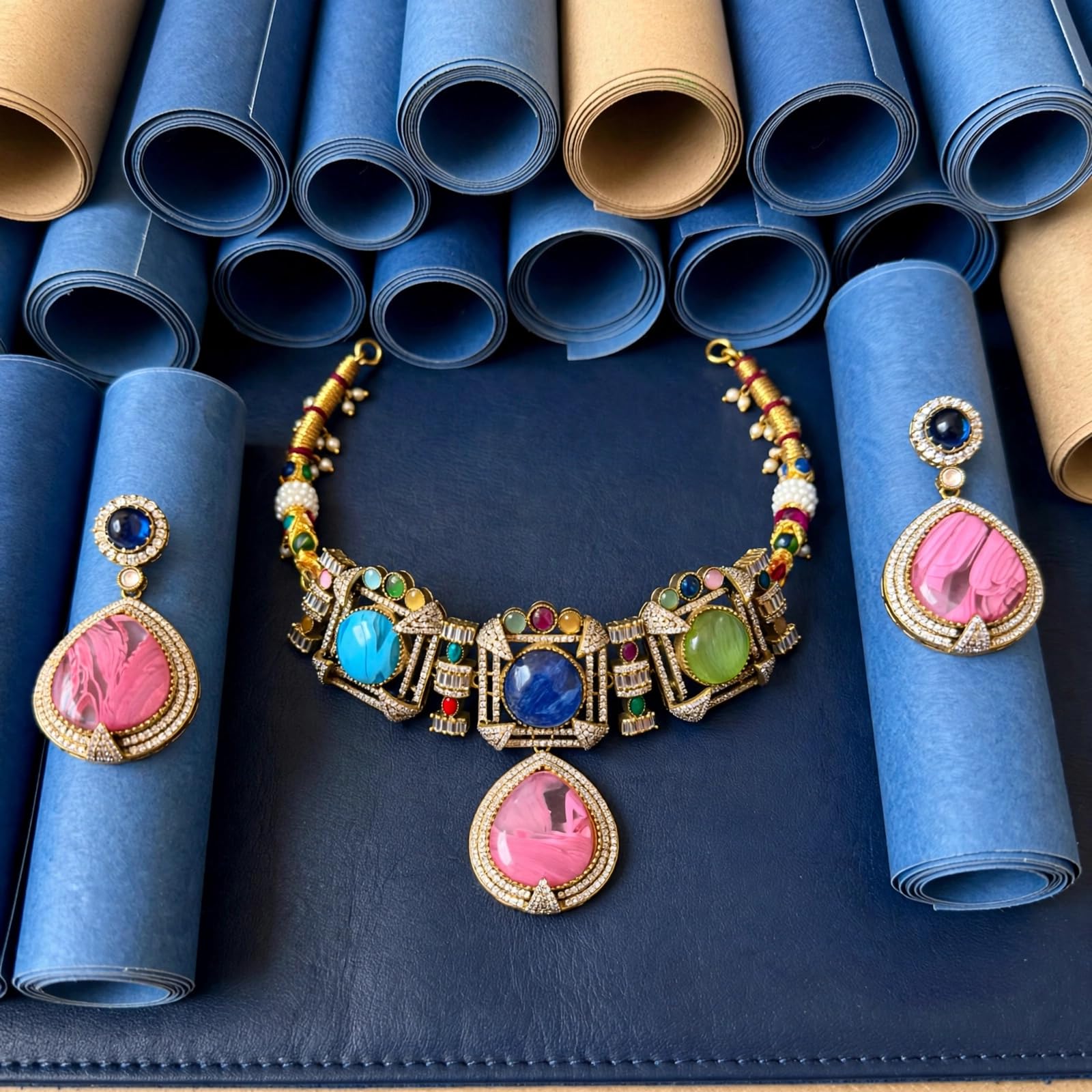 Kundan Jewellrs - Juego de gargantilla multicolor de piedra doble con