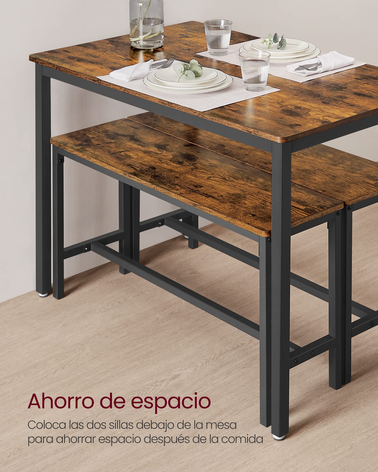 VASAGLE Conjunto de Mesa de Comedor y 2 Sillas, Juego de 3 Piezas, Mesa de 70 x 110 x 75 cm, 2 Taburetes de 30 x 97 x 50 cm Cada Uno, Marco de Acero, Marrón Rústico y Negro KDT070B01