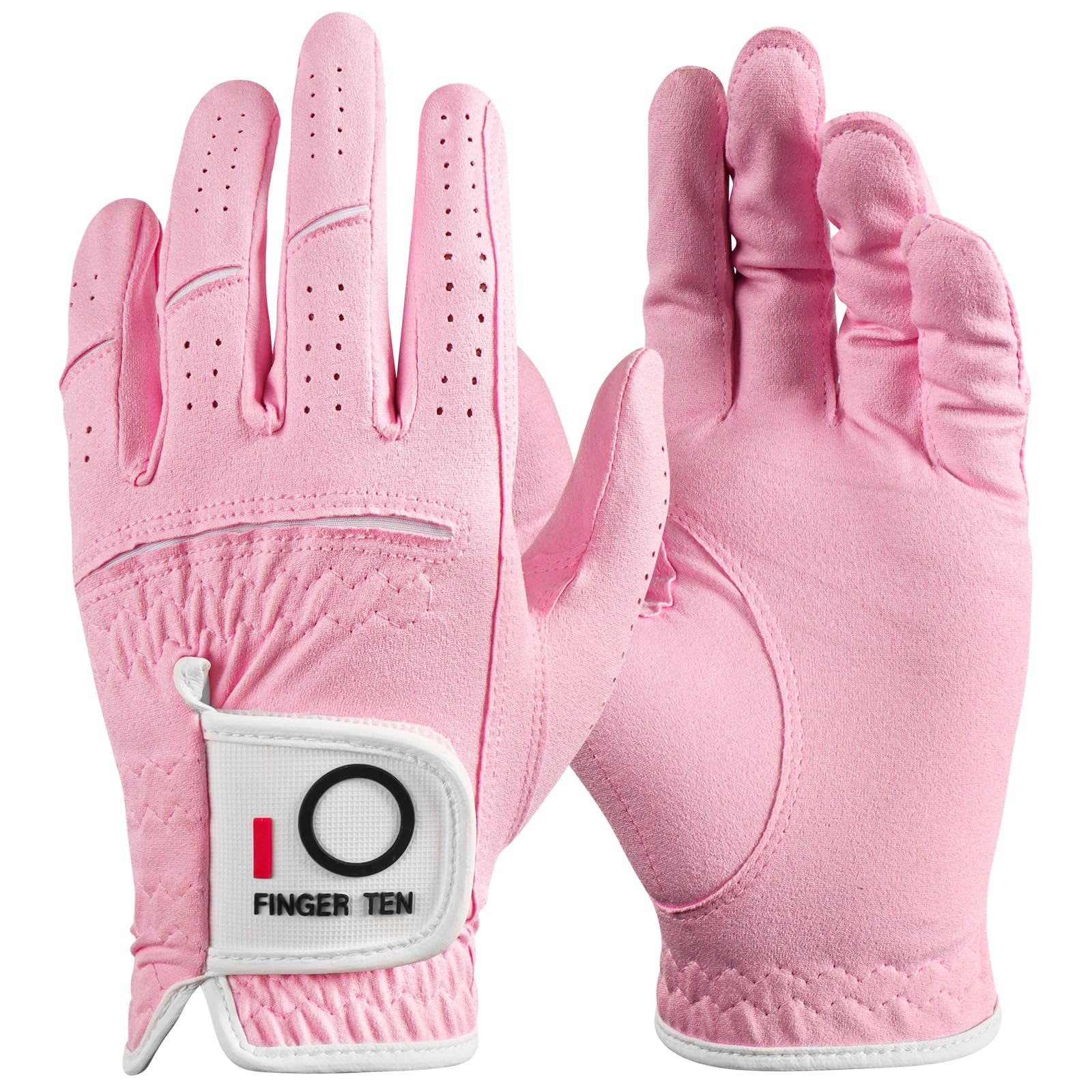 FINGER TEN Women's Golf Glove Left Hand Right Premium 1 Pack, Comfort Microfiber Glove All-Weather Fit for Right-Handed Left Golfers, Wet Hot Cool Rain Grip Weathersof for S M L XL (Pink, S, Left)