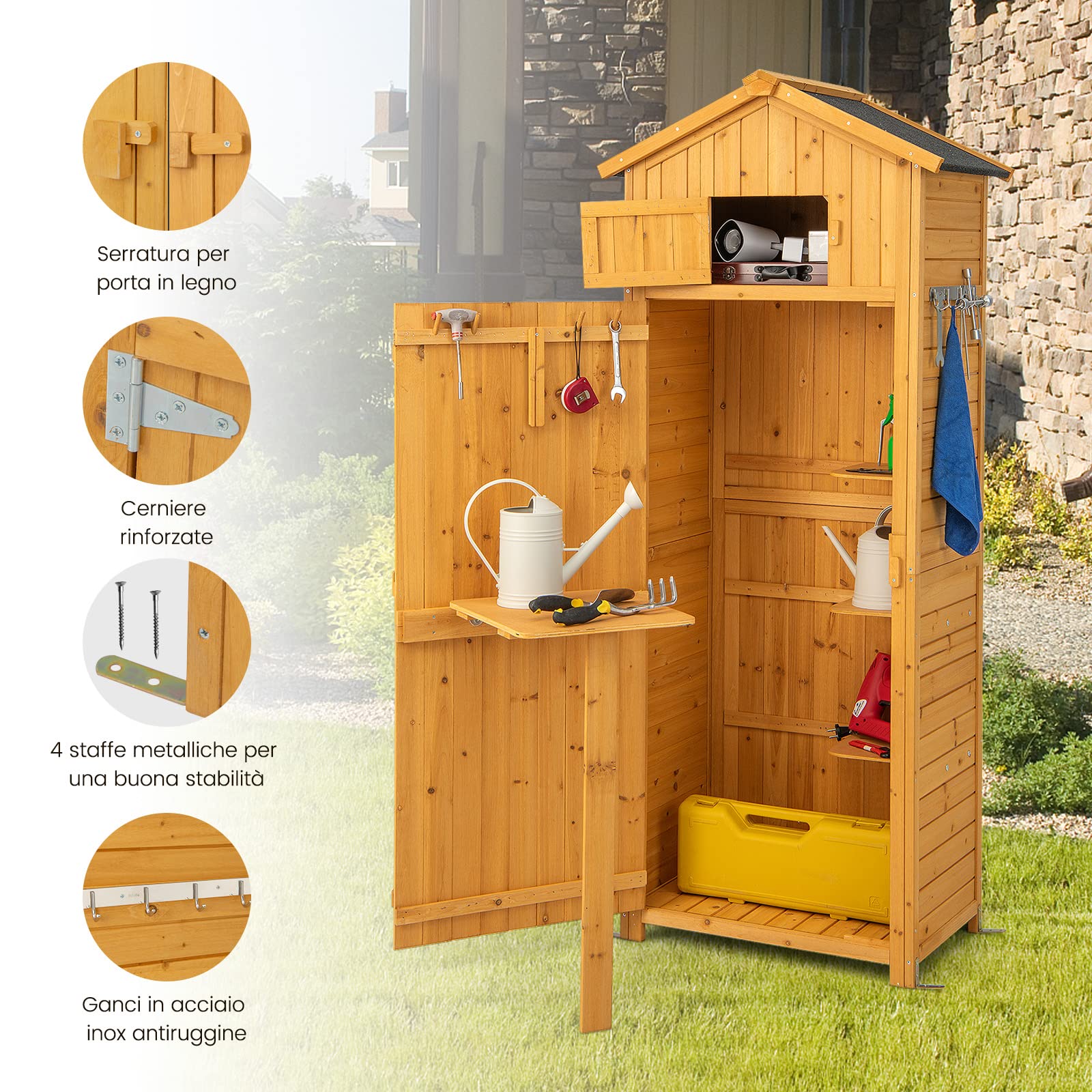 COSTWAY Armadio da Esterno in Legno Capanno da Giardino con Serratura Tavolo Pieghevole Tetto Impermeabile