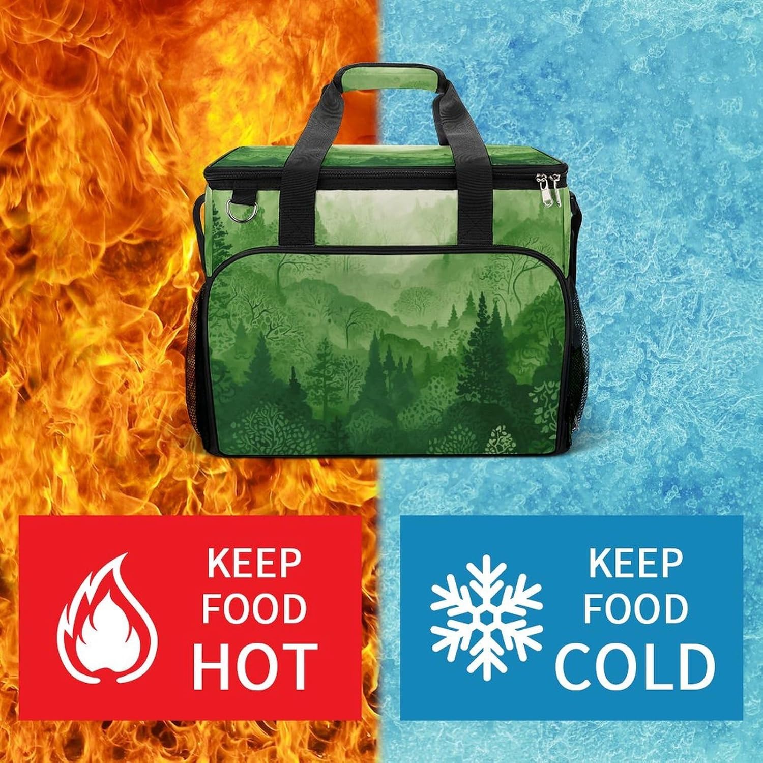 Insulated Picnic Backpack Tote Bag, Large Capacity 30L Green Forest Cooler Bag Leakproof Beach Bags Portable Lunch Box Waterproof Picnic Basket for Beach Camping BBQ