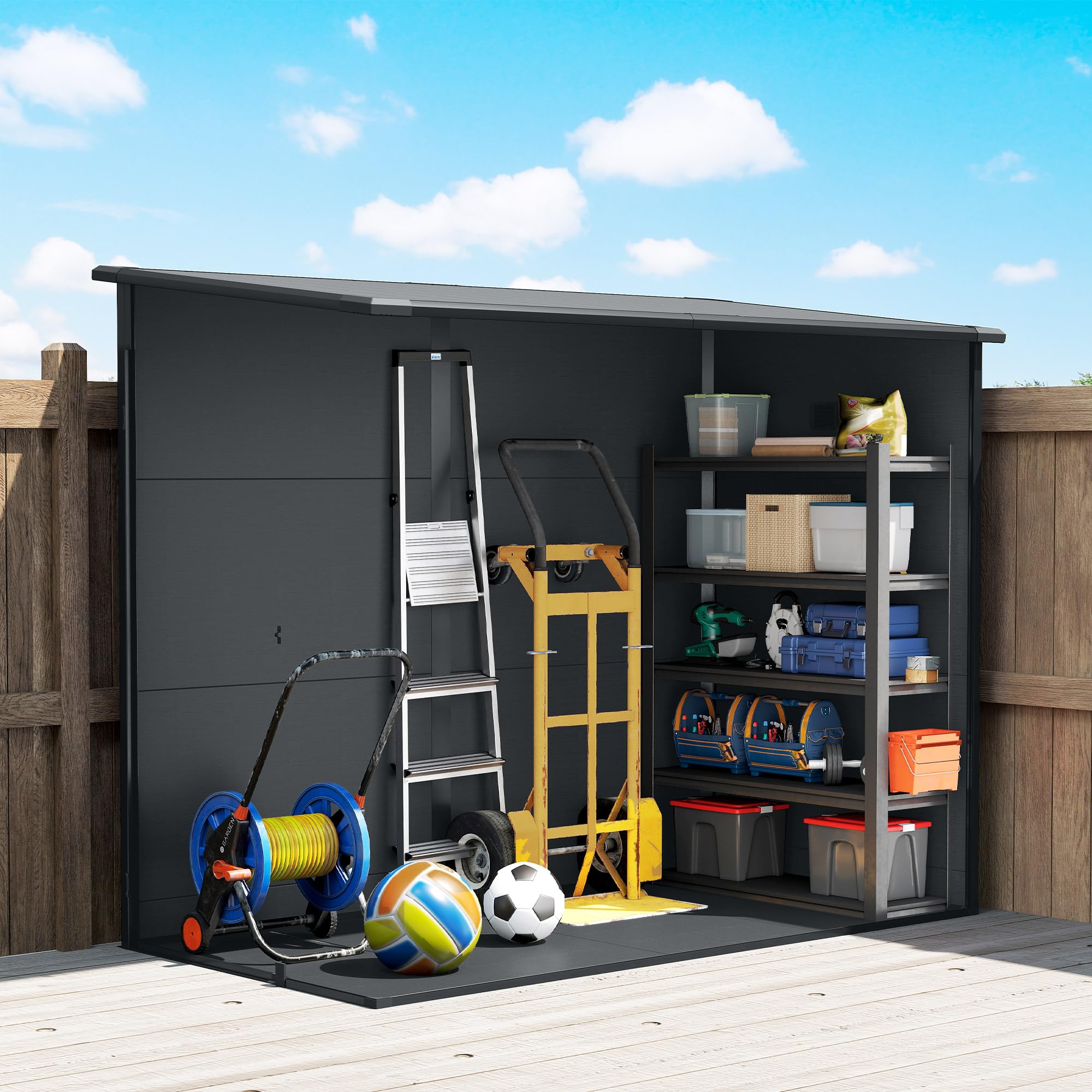 Outsunny 4.3' x 8' Outdoor Storage Shed with Floor, Garden Shed with Lockable Doors and Windows for Backyard, Patio, Garage, Lawn, Dark Grey — view 9
