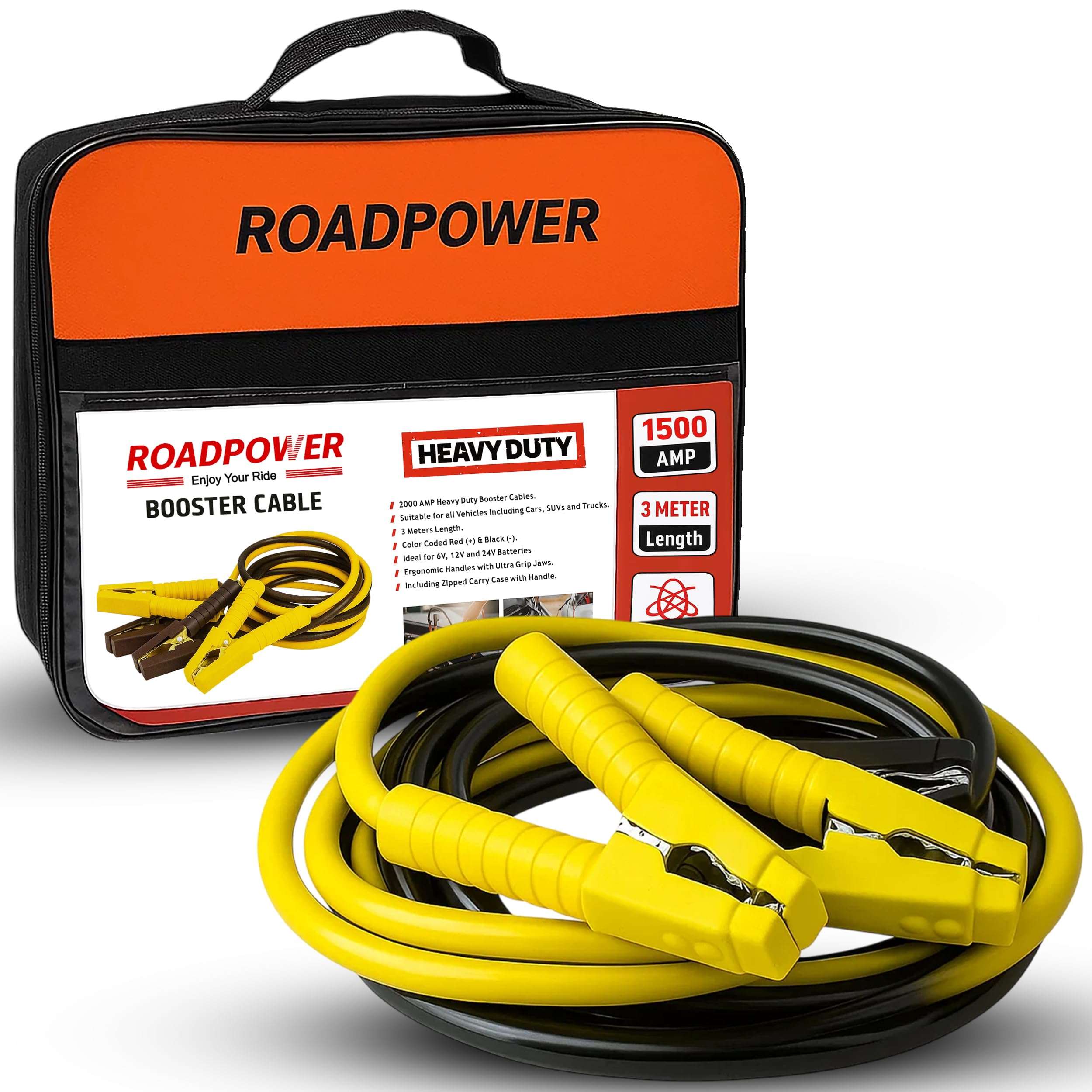 ROADPOWER Jumper Cables for Car Battery, Heavy Duty Automotive Booster Cables for Jump Starting Dead or Weak Batteries with Carrying Bag Included | Size 3 Meters / 8.9 Feet | 1500 AMP
