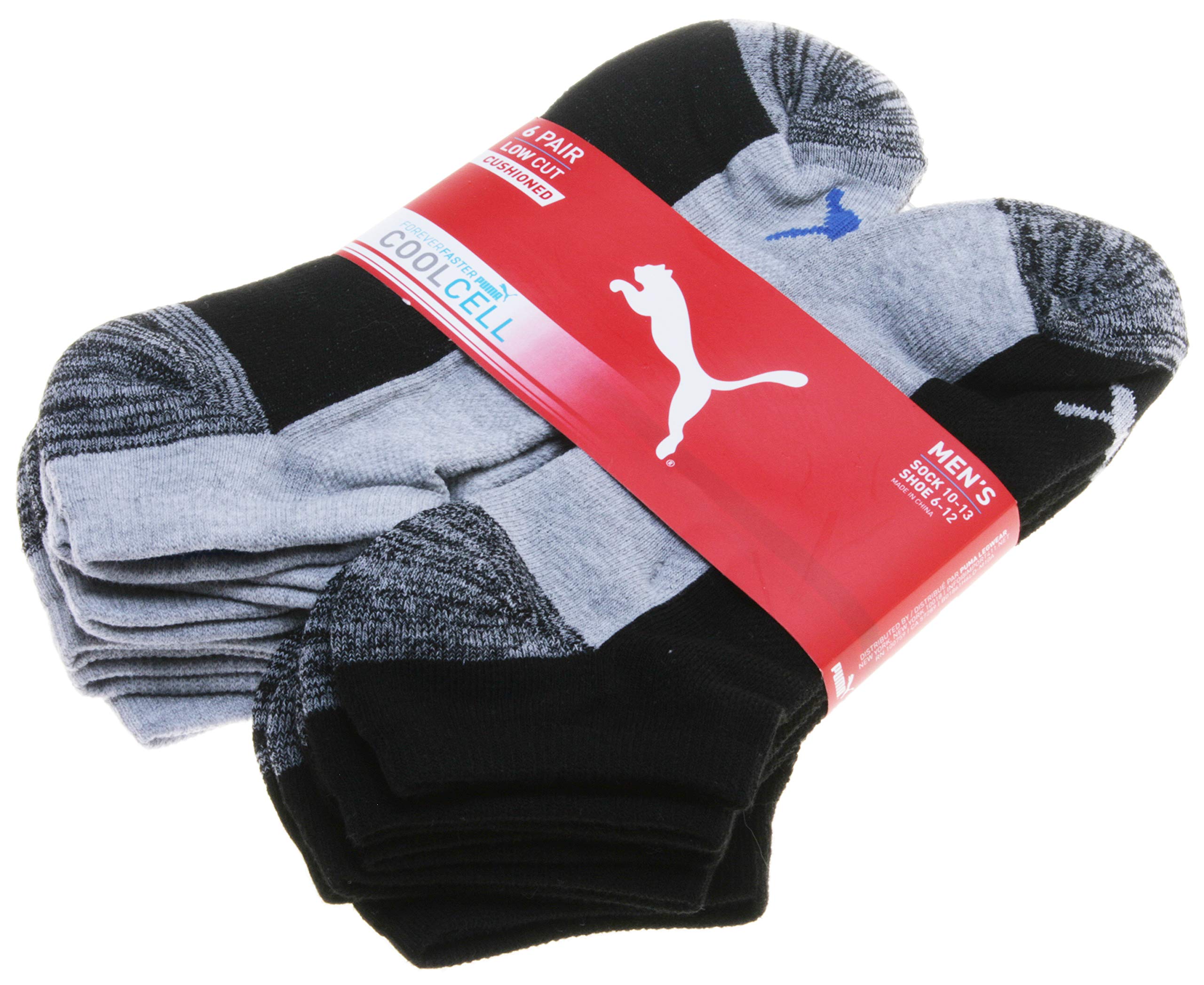 Men's 6 Pairs Low Cut Cushioned Coolcell Socks; Black/Grey/Blue (Shoe 6-12)