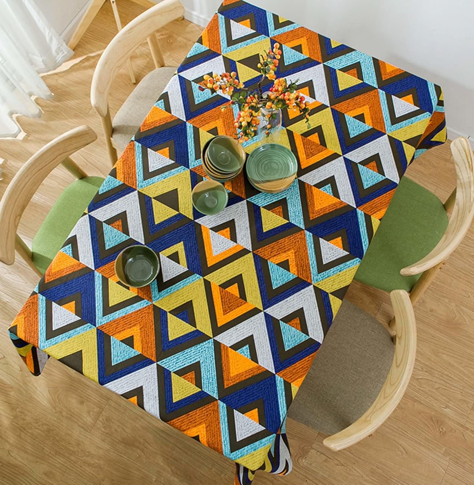 Niebiesko-żółty obrus prostokątny, 55 W x 98 L cm, bawełniany wzór trójkąta, zmywalny obrus do salonu
