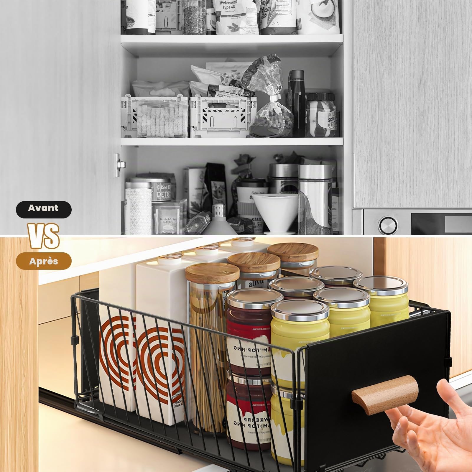 Lot de 2 Tiroir Coulissant Cuisine Extensible - Organisateur de Tiroir et Placard Sans Perçage, en Acier Inoxydable, 40 x 24 x 17 cm, Charge 20kg - Rangement pour Couverts, Épices, Bocaux