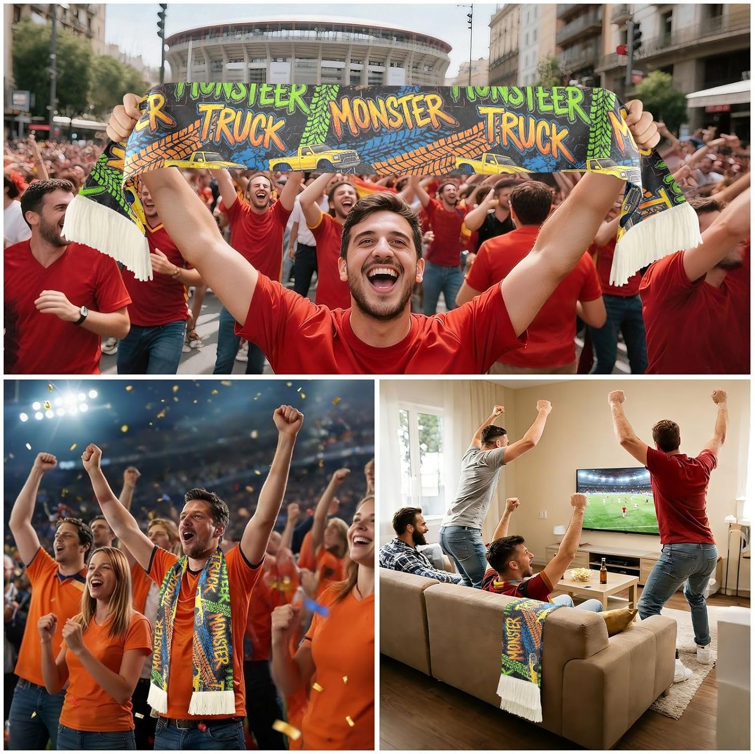 CHIFIGNO Monster Truck Grunge Sports Fan Scarf Towel, Soft Polyester Cheering Banner for Soccer Games, Quick Dry Sweat Absorbent