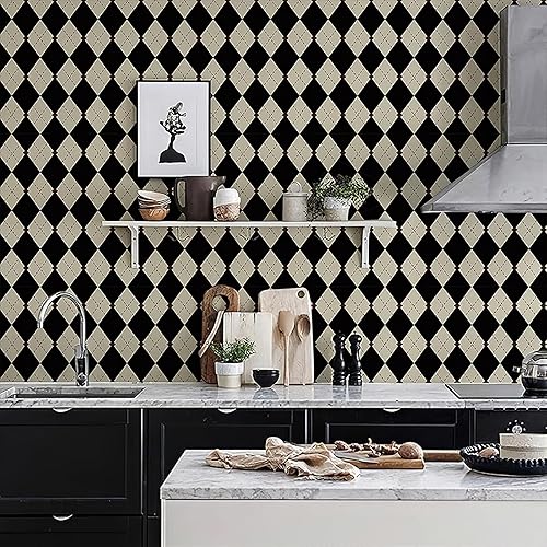 Simon&Siff Retro Checkered Peel and Stick Wallpaper Black and White Wallpaper Vintage Plaid British Geometric Wall Paper for Bathroom Kitchen Cabinet Contact Paper 17.3"x394"