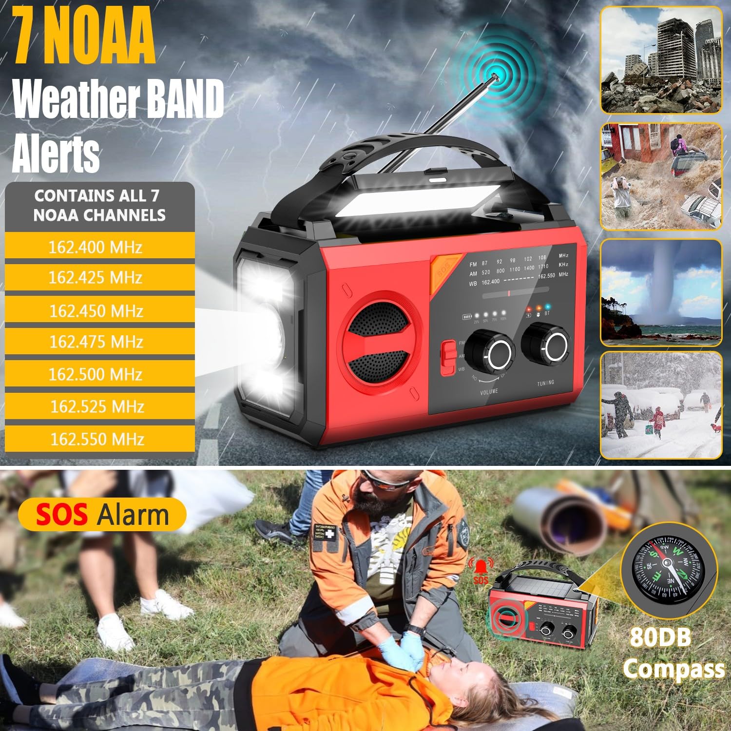 20000mAh/74000mWh Emergency Weather Radio,Solar Hand Crank Portable Radio With AM/FM/NOAA