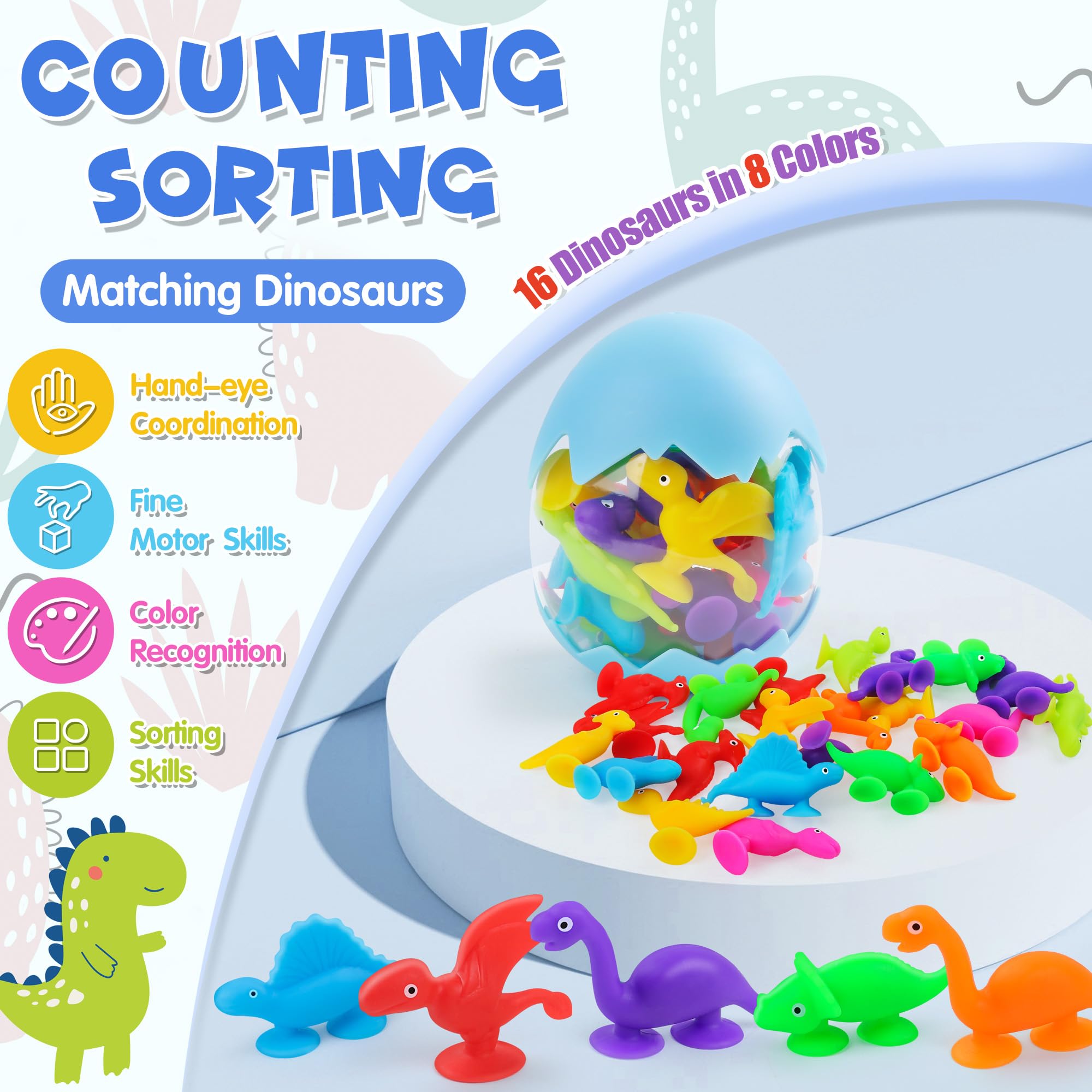 Baby Suction Cups, 16PCS Silicone Dinosaur Sucker Toys with Eggshell Storage, Sensory Bath Toys for Kids Ages 4-8, Counting Learning Color Tool, Window Toy, Easter Egg Gifts for Boys Girls Ages 3+