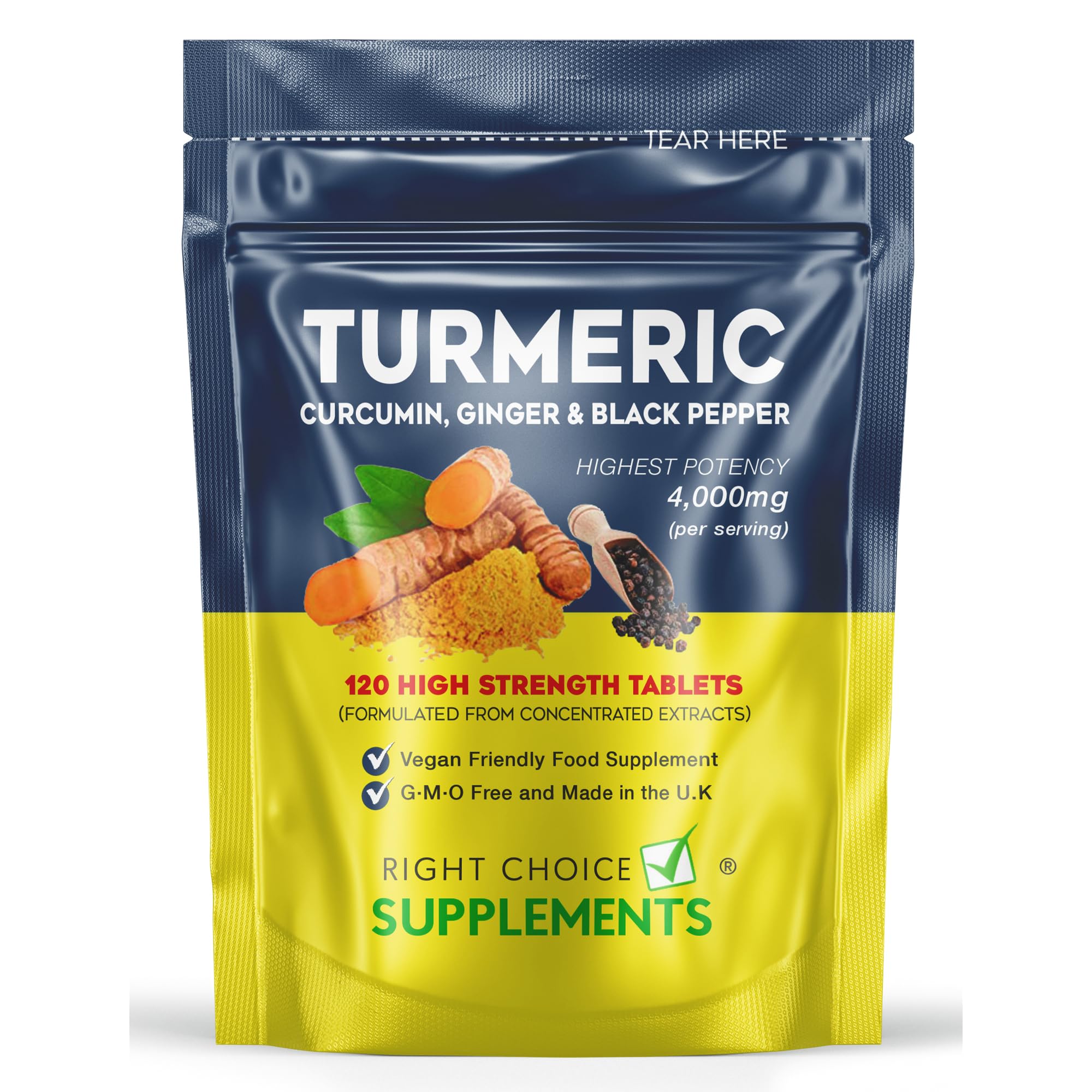 Turmeric, Ginger & Black Pepper 4000 mg Tablets (per Serving), High Strength Curcumin Supplements, Vegan and Gluten Free, UK Made, 120 Count