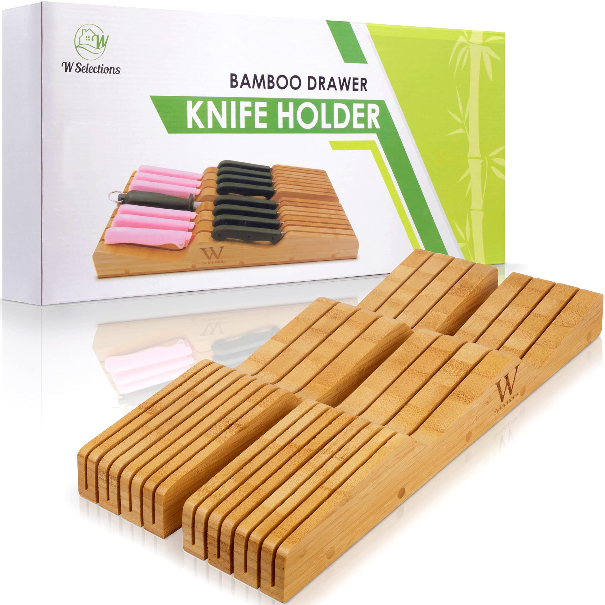 Bamboo Knife Drawer Organizer Insert - Kitchen Storage Holder for [14~20 Knives & 1~2 Knife Sharpener] Organization - Saves Countertop Space & Made of Premium Quality Moso Bamboo