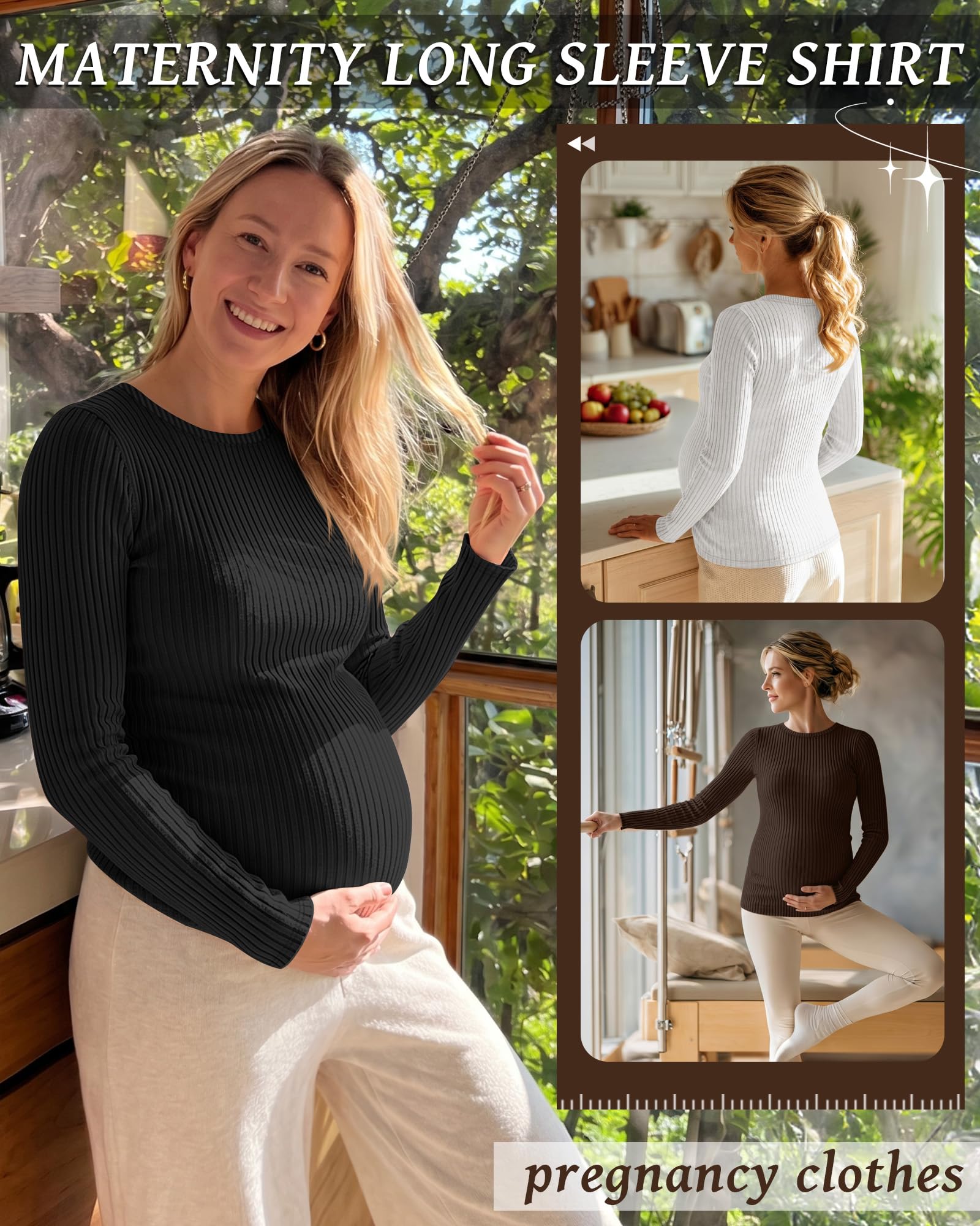 Riyiper Confezione da 3 Magliette Premaman da Donna, Maniche Lunghe, in Maglia a Coste, Tuniche in Cotone, Top Autunnali