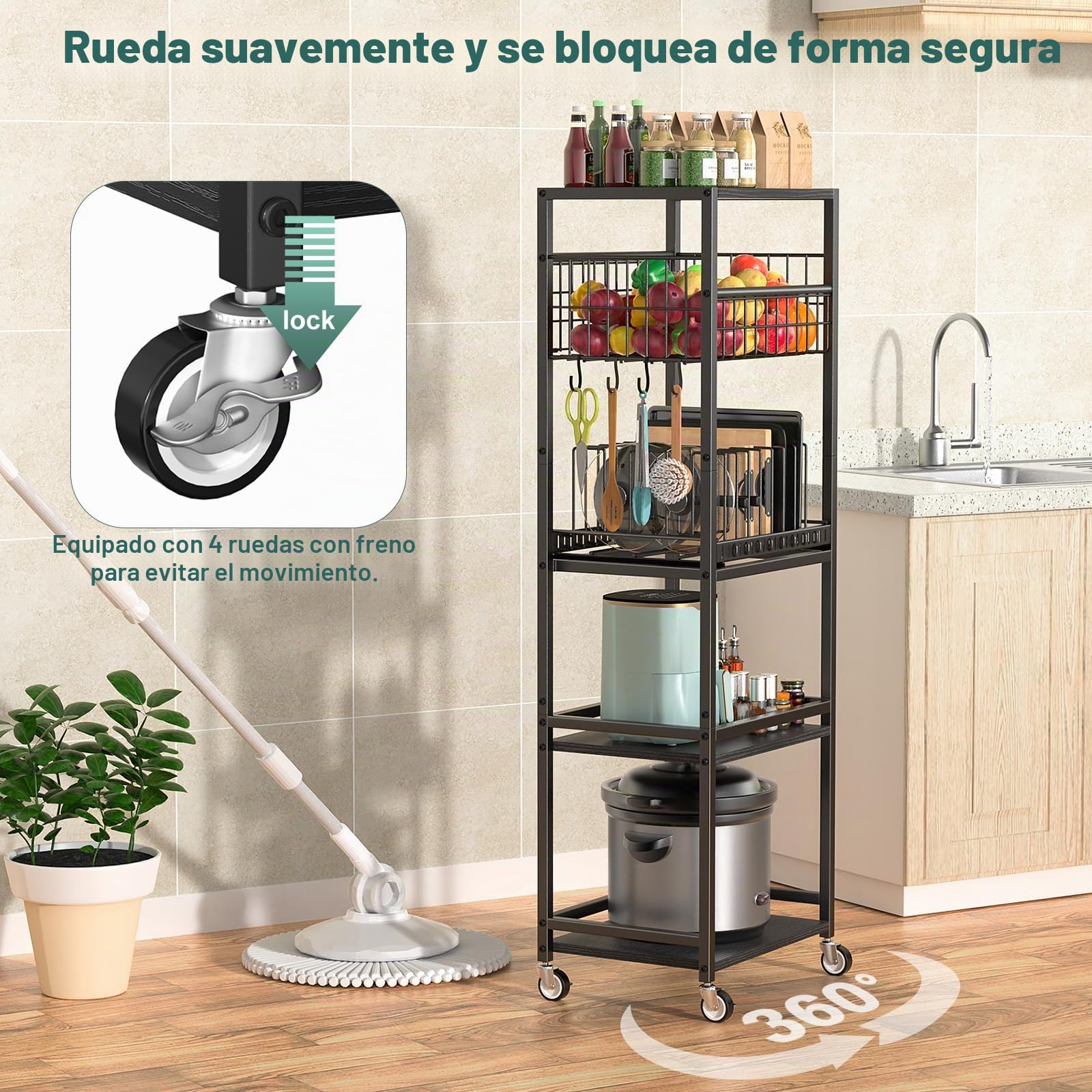 Housolution Carro Rodante de Cocina de 5 Niveles, Carrito con Cesta Metálica y Organizador Extraíble para Tabla de Cortar y Tapa de Olla, Estantería con Tapa de Madera para Cocina, Despensa, Baño