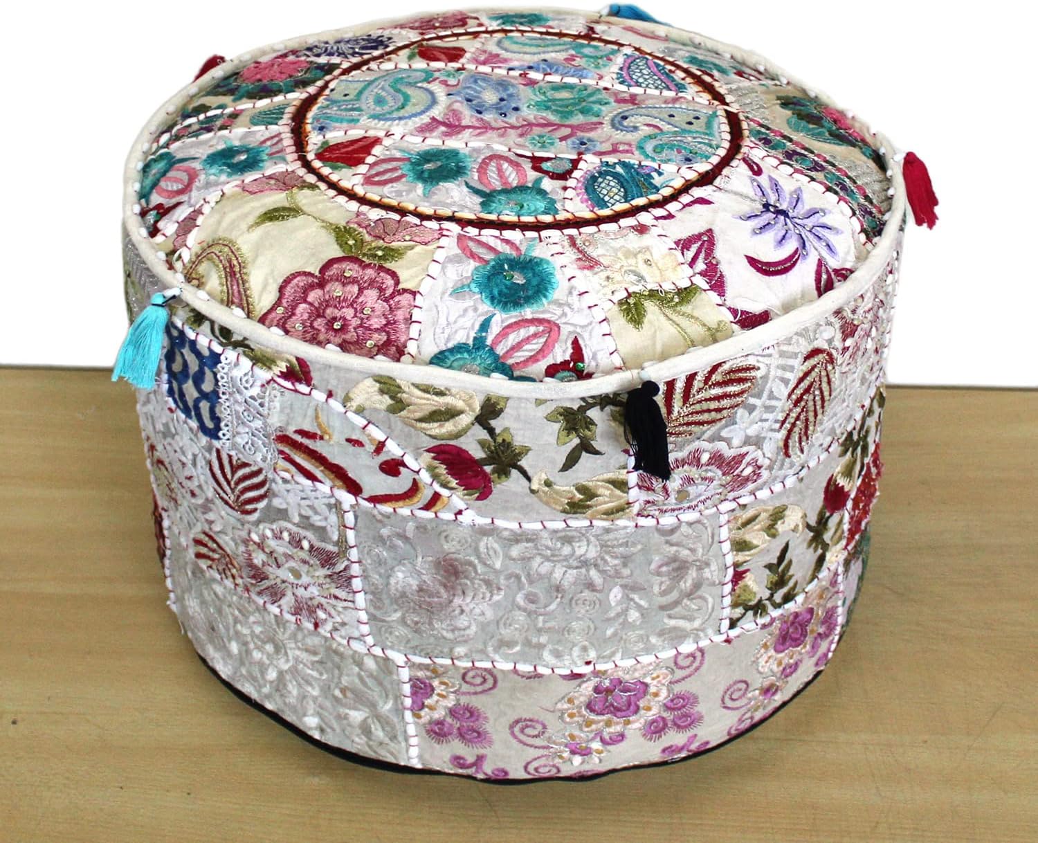 Indian Patchwork Pouf Footstool Ethnic Embroidered Pouf Cover Cotton Round Pouffe Ottoman Cover Pillow Ethnic Decor Art - Cover Only (Pink, 22x22x14 Inches)