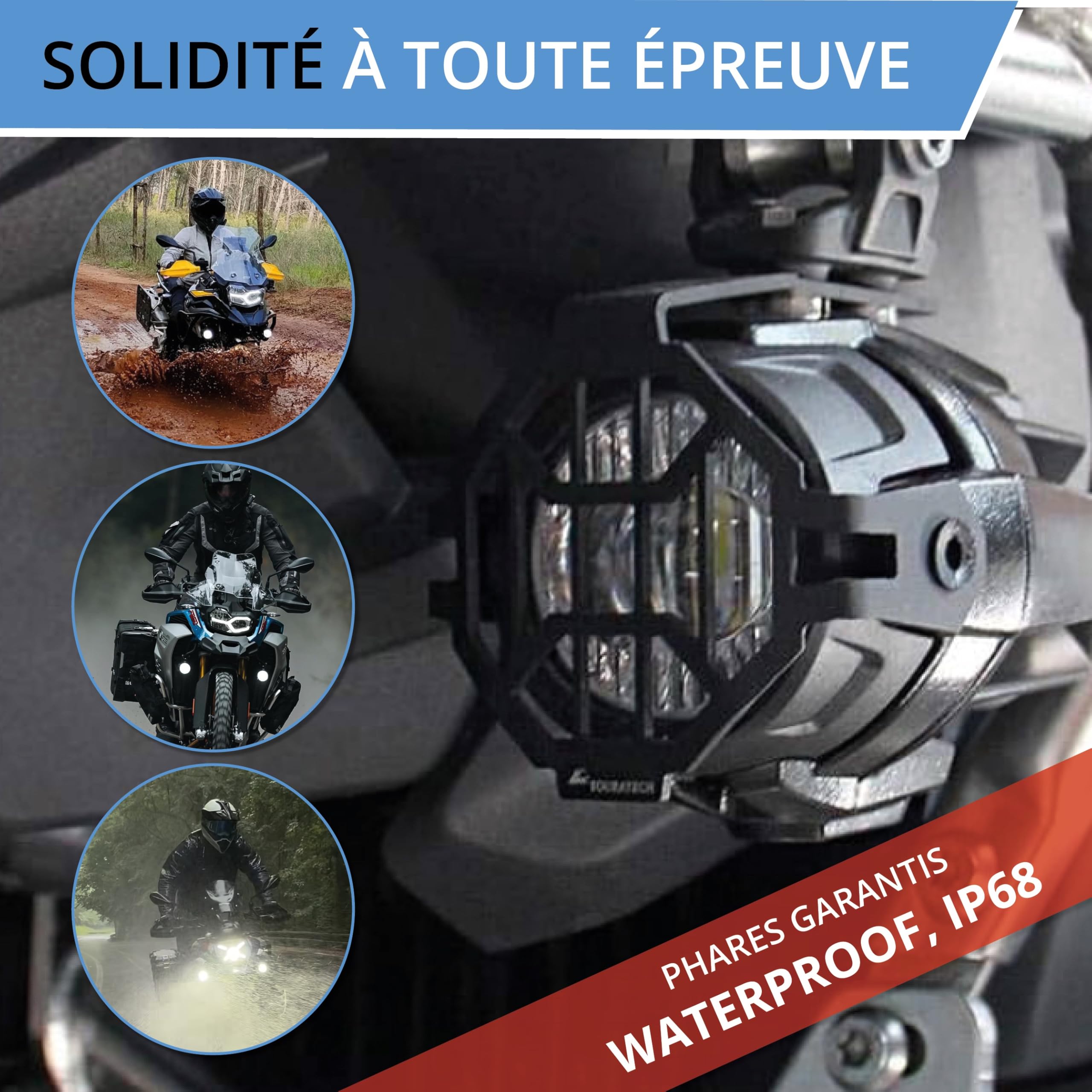 PASSION MOTO Luces adicionales LED antiniebla de largo alcance para moto quad 6000 lm potentes + rejilla de protección + cableado con relé CNC IP68