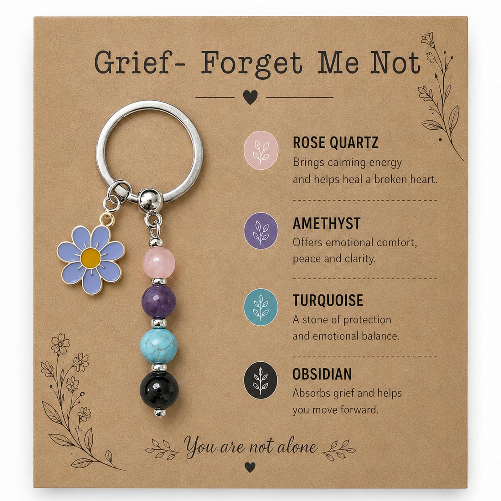 Virelle Forget Me Not Keyring Gift – Rose Quartz, Amethyst, Turquoise, Obsidian – Bereavement Gifts, Grief Gifts, Sympathy Gift for Loss of Loved One, Memorial Crystal Keychain for Women