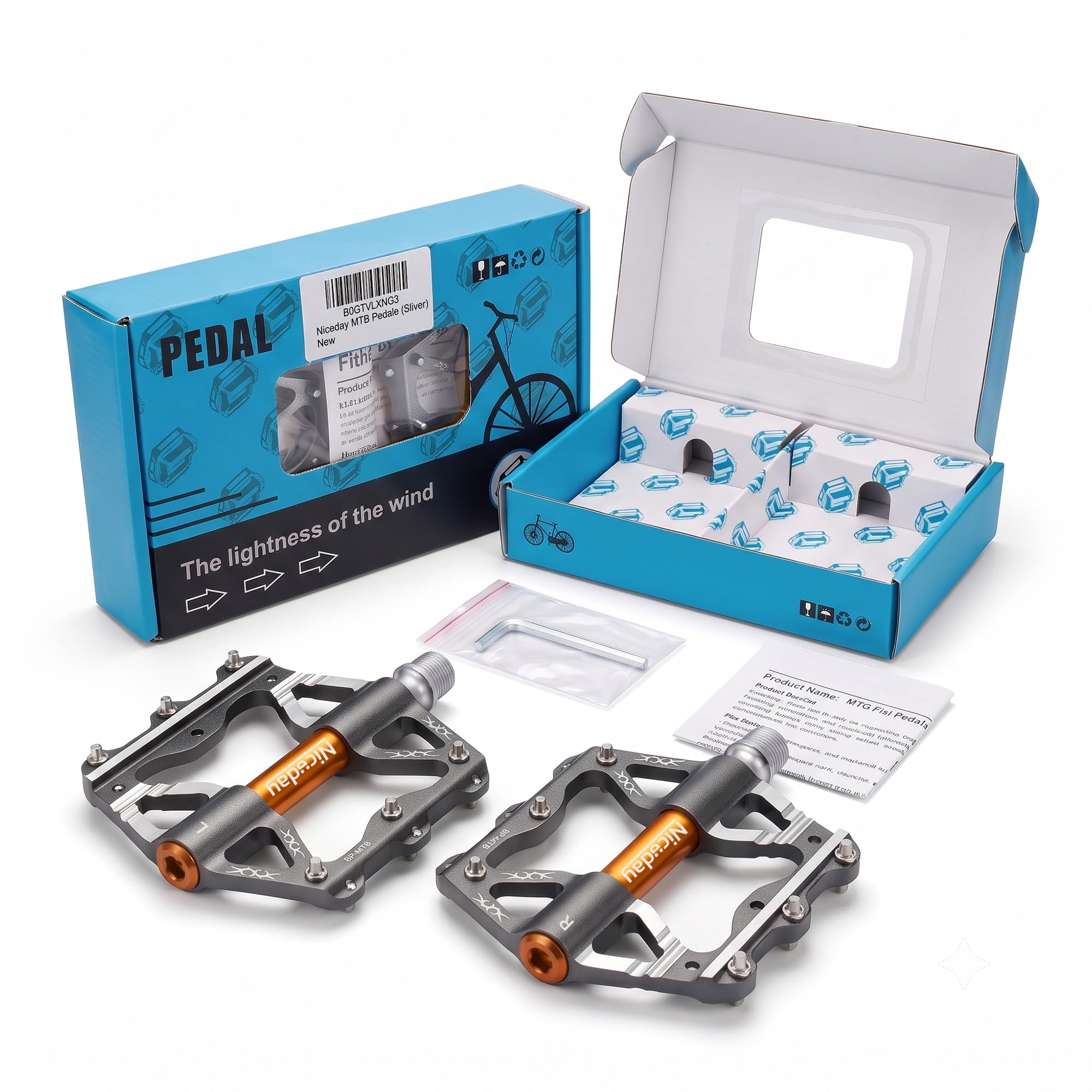 Niceday MTB Pedale Aluminium CNC, 301 g, 3 Lager, 9/16″ Gewinde, Silber