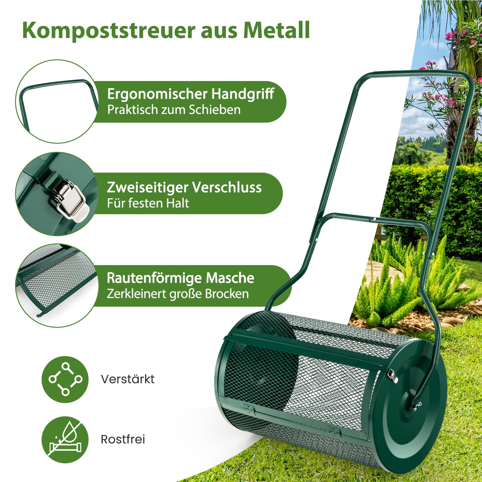 GOPLUS Esparcidor de Compost de 80 L, con Cierres Laterales y Mango en Forma de U, Esparcidor de Turba con Malla de Metal, Esparcidor de Jardín para Musgo de Turba, Fertilizante, Semillas (Verde)