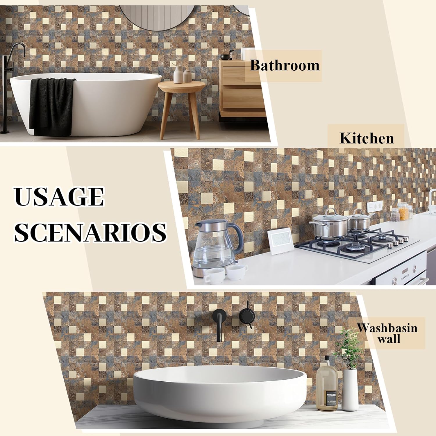 Feifeiya 5 Pack 12" x 12" Peel and Stick Backsplash Tiles Brushed Aluminum Metal Mosaic Stickers Wall Panel Tiles Waterproof Heat-Resistant Easy DIY for Kitchen Bathroom Fireplace Decor