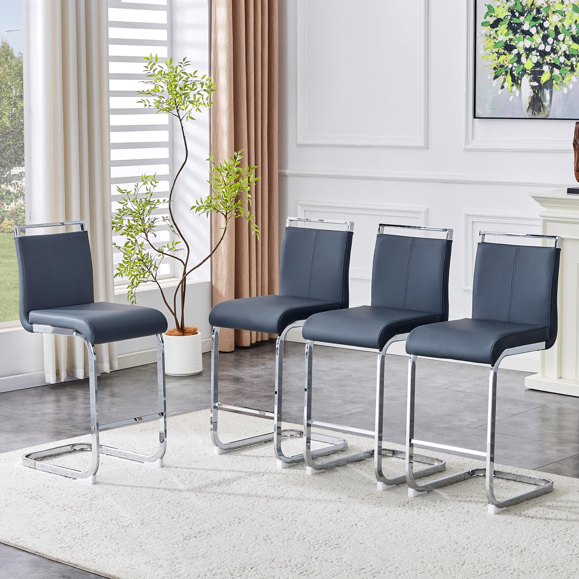 gopop Bar Stools Set of 4,Counter Height Bar Stools with Backs,Blue Gray Faux Leather Kitchen Stools with Chrome Plated Metal Leg,High Dining Chair