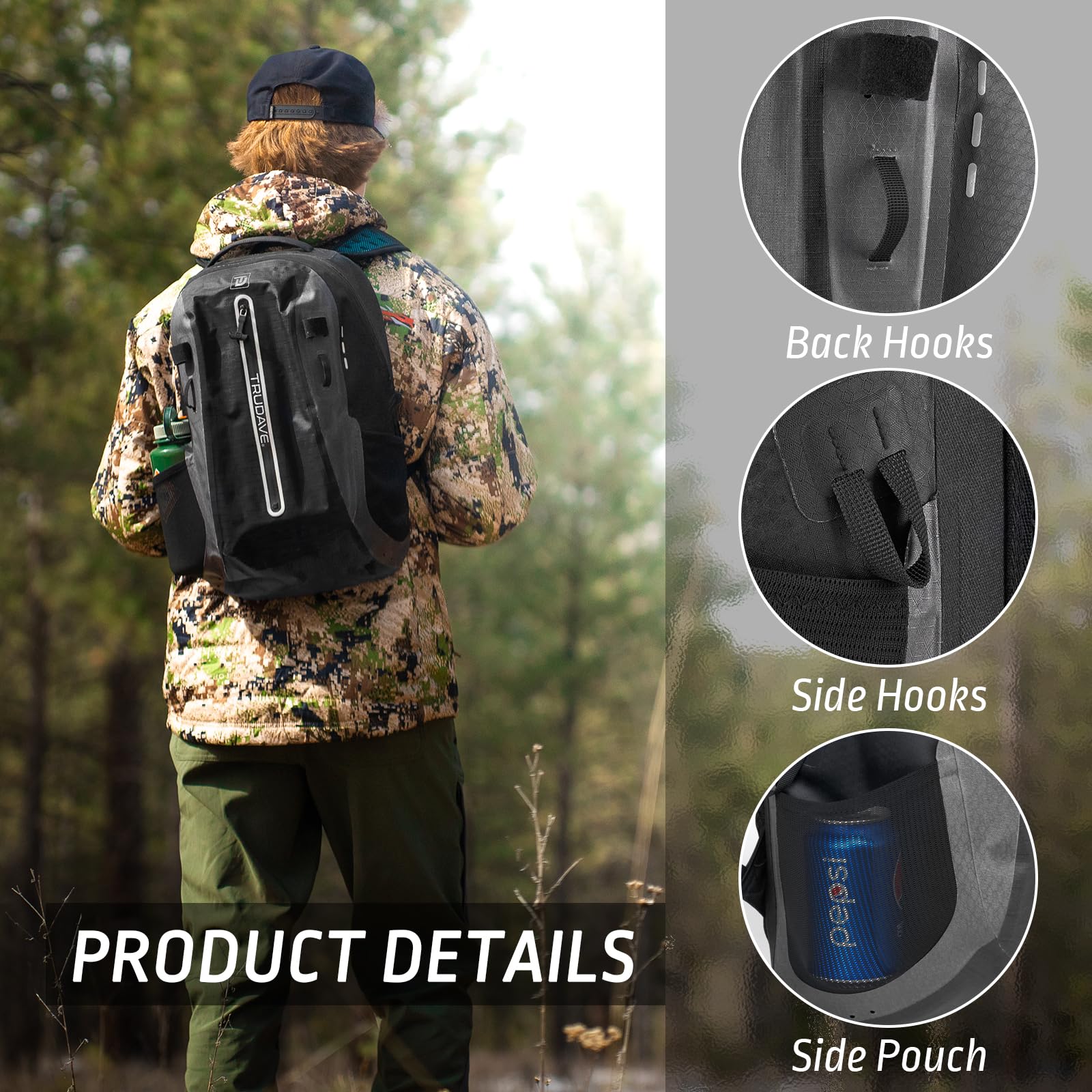 Trudave Wasserdichter Rucksack, schwimmende TPU-beschichtete Trockentasche mit luftdichtem Reißverschluss für Kajak, Angeln, Bootfahren, Wandern, Schwarz, 30L, Wasserdichte Tasche