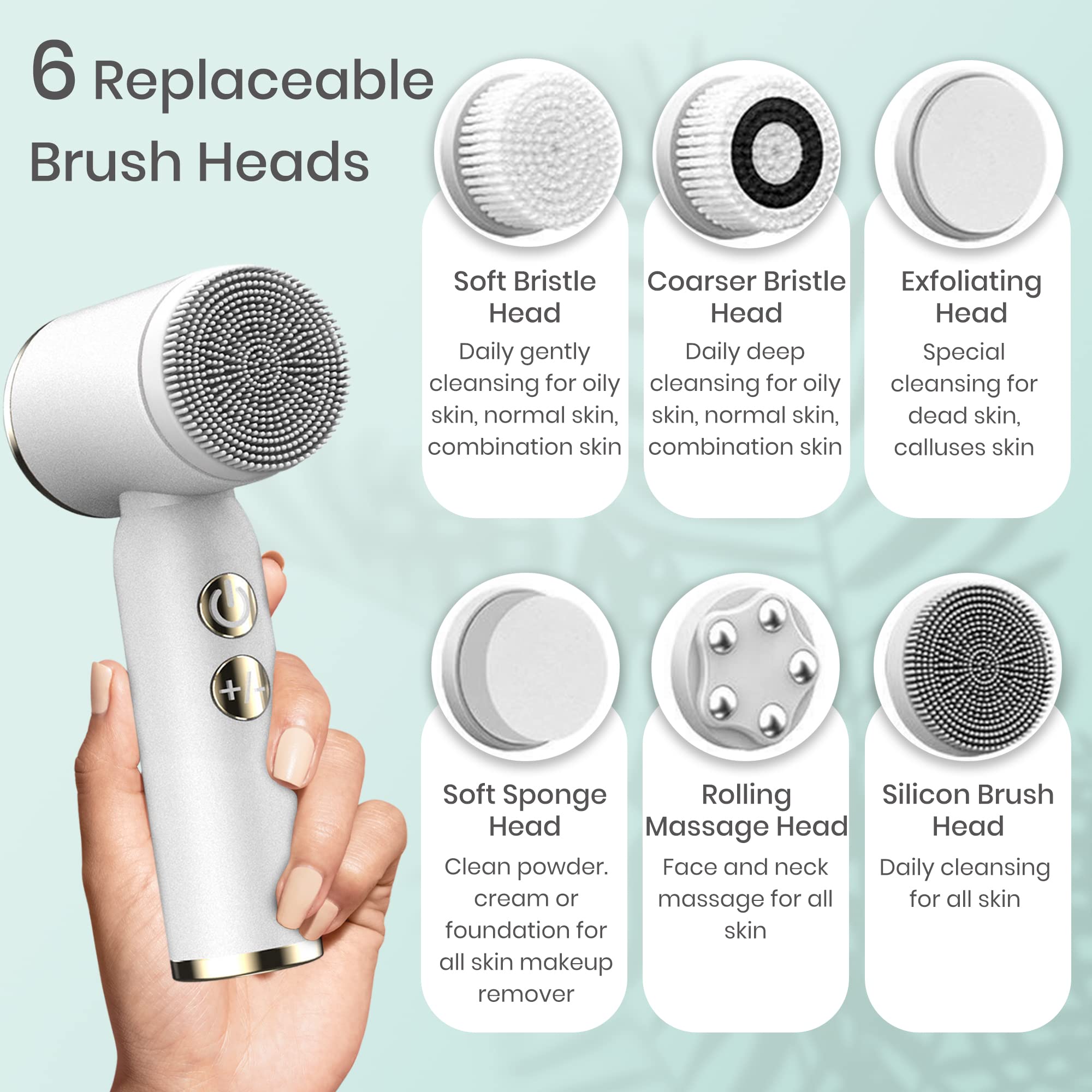UnTI Juego de cepillos de limpieza facial LED eléctricos 6 en 1, recargable, impermeable, portátil, limpiador facial blanco y exfoliante, adecuado para pieles sensibles, secas y grasas, mujeres y
