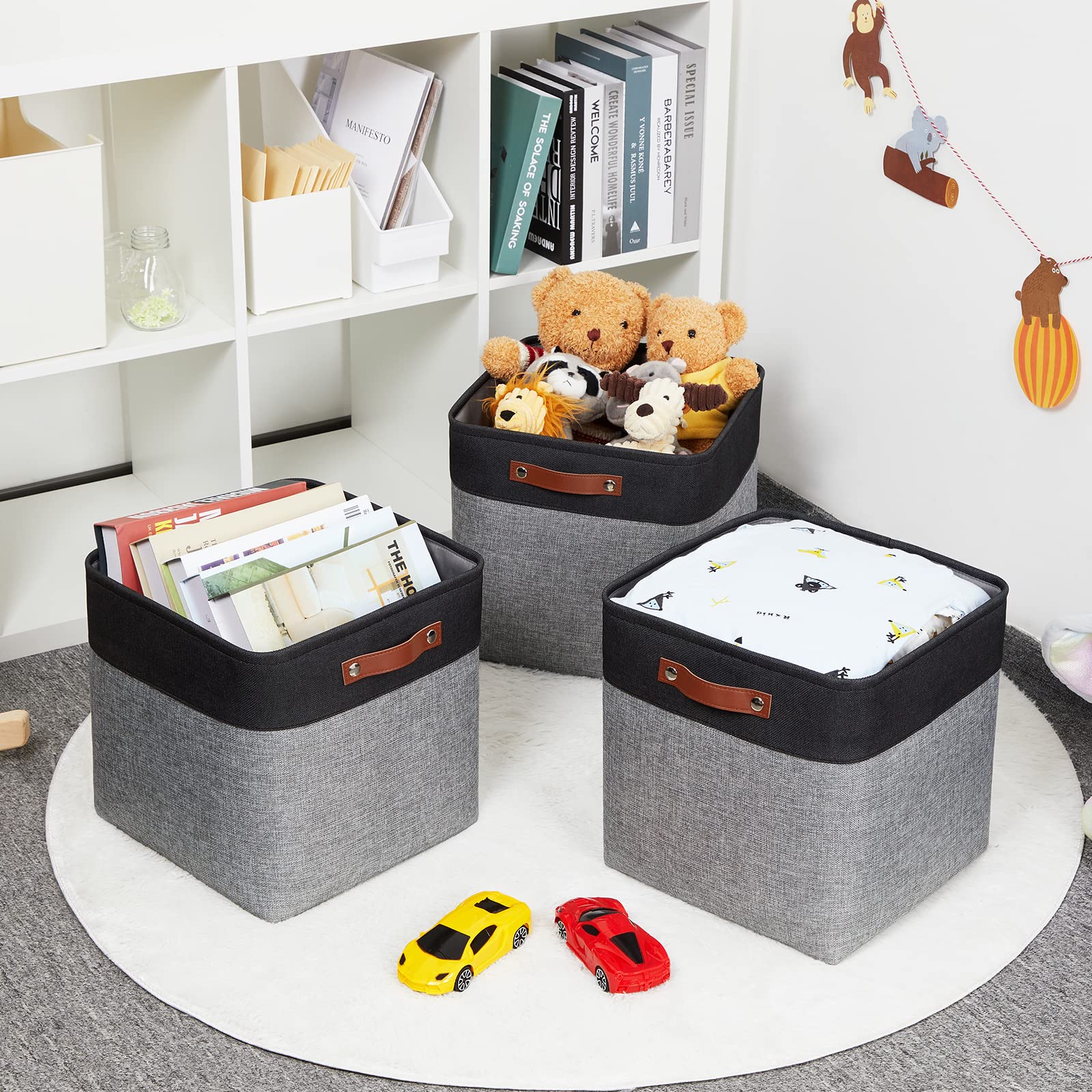 HNZIGE 3-Pack Foldable Storage Baskets – 13” Cube Fabric Bins With Leather Handles (Black & White)
