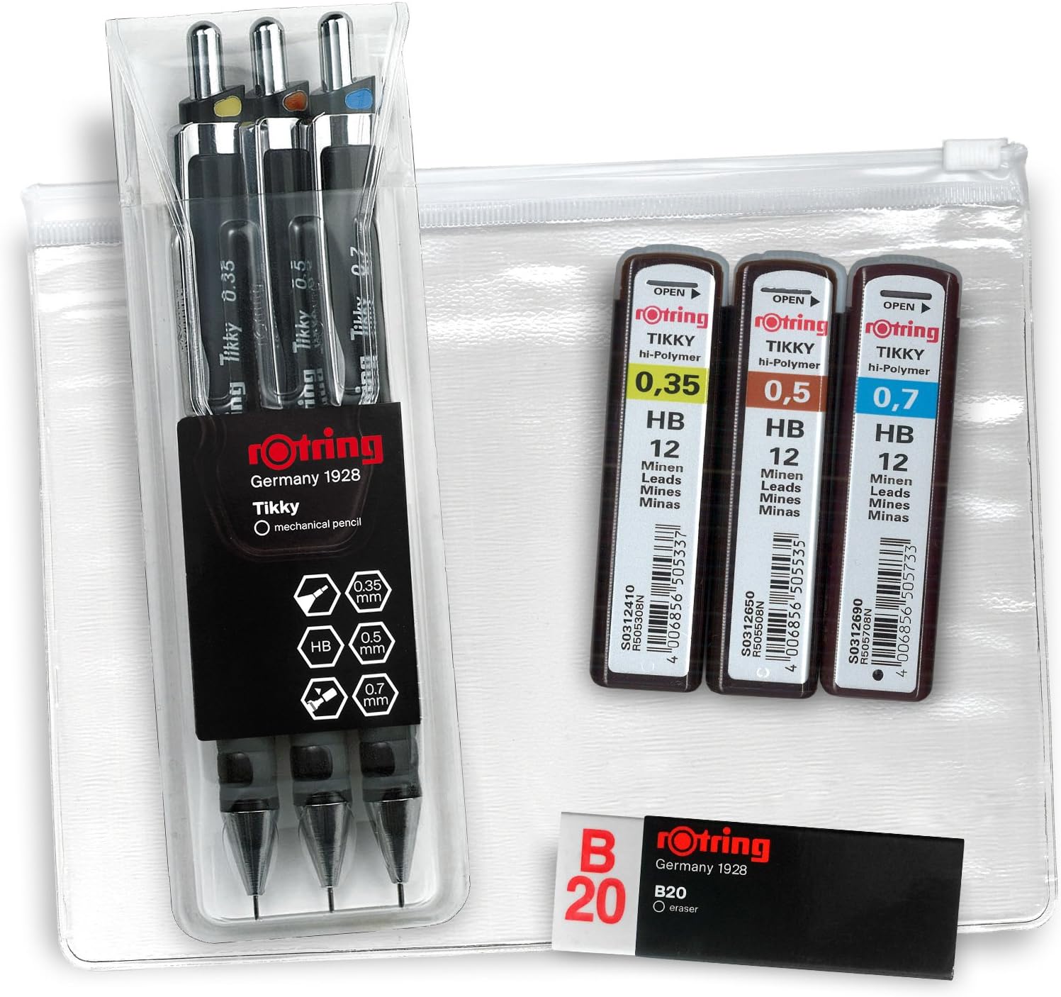 Rotring ‘Tikky’, set of 3 with colour coding, 0.35 / 0.5 / 0.7 mm, includes 3 boxes of refill HB lead and a B20 eraser