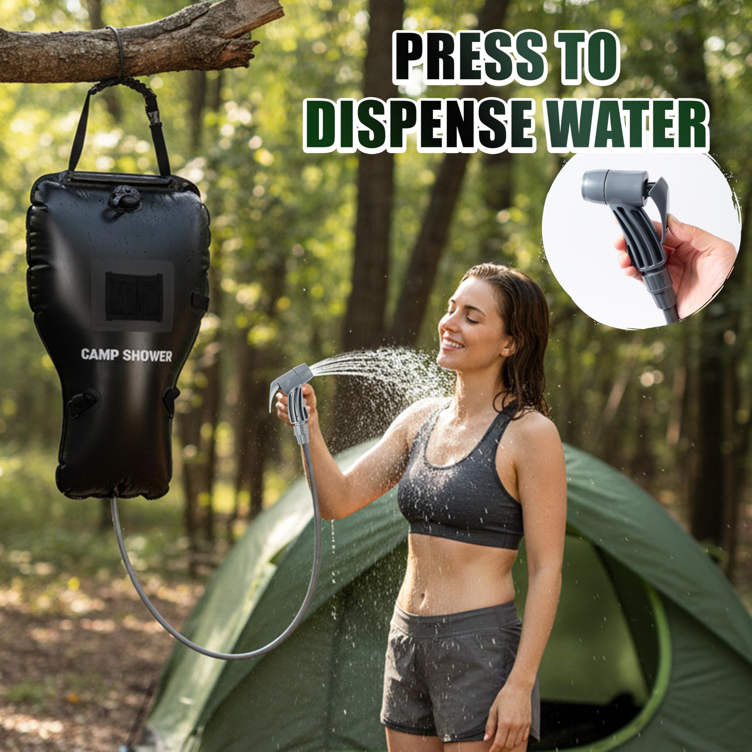 Doccia portatile per campeggio con grande flusso d'acqua da 25 litri, borsa da doccia da campeggio, accessori con tubo rimovibile e soffione per doccia commutabile on-off per escursionismo