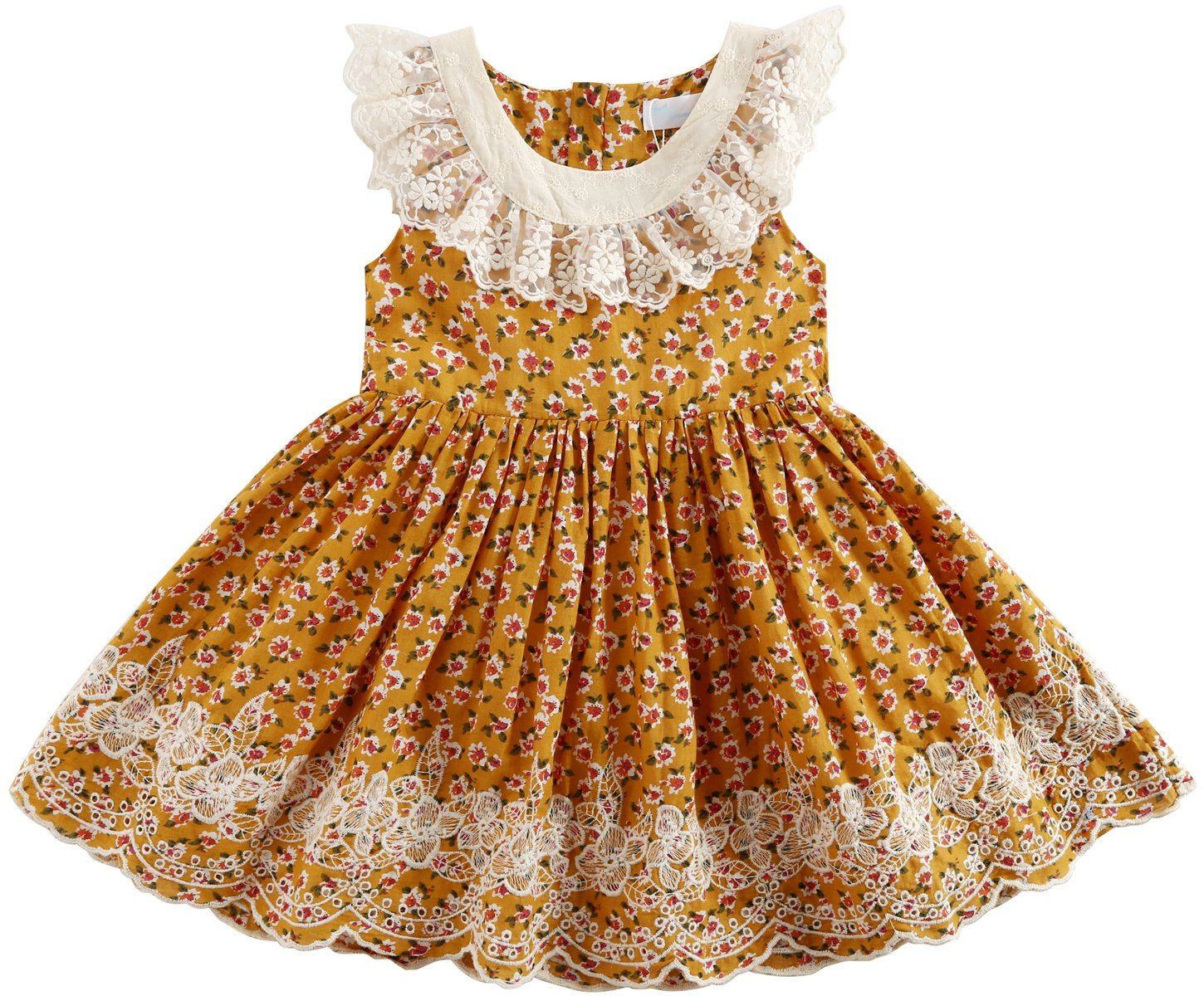 Girls Sleeveless Dress, Children Dress for Flower Lace Rose Embroidery Cotton Ruffle Design Swing Party Dresses