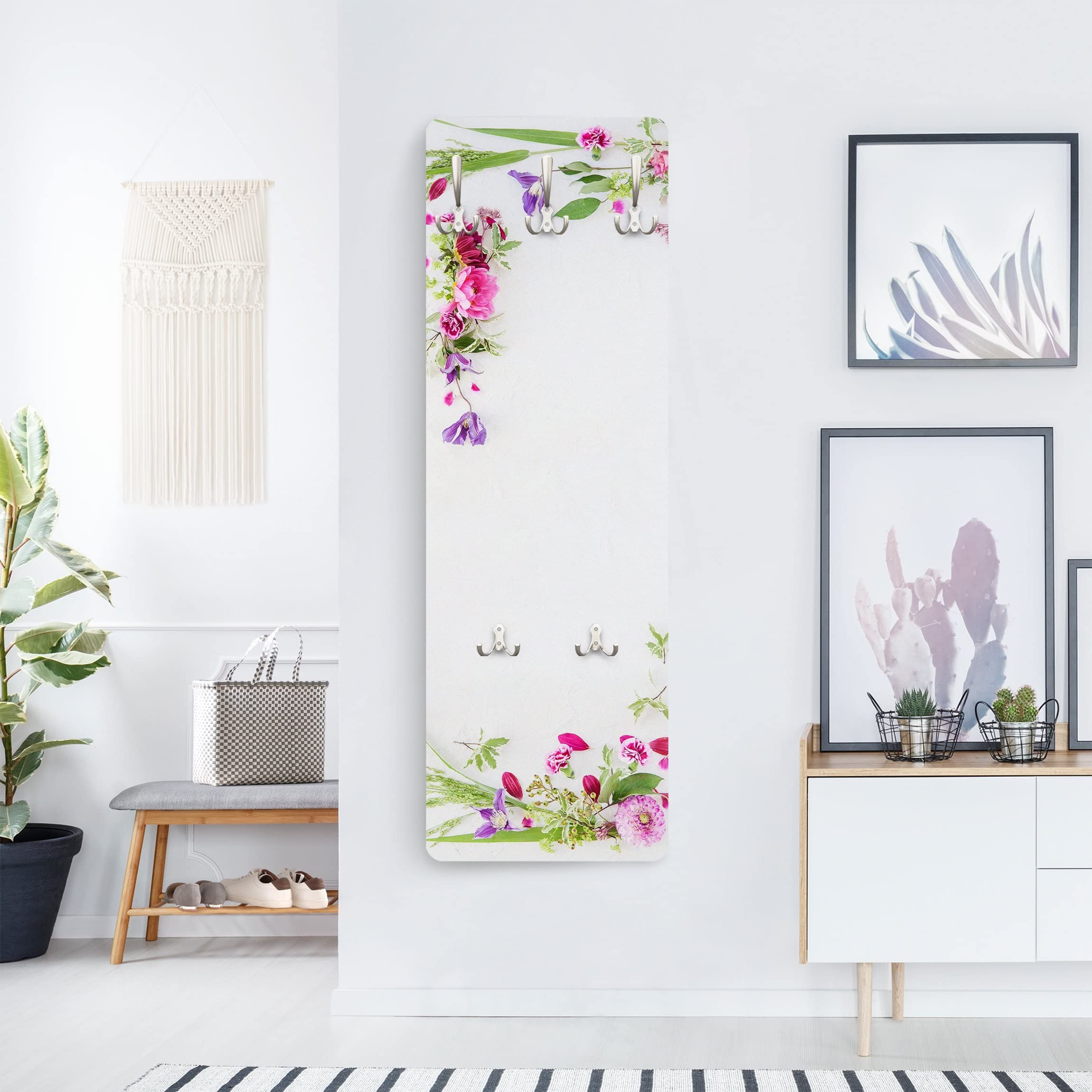 Wandgarderobe inkl. 5 Haken Blumen Floral platzsparendes Design - Made in Germany - Motiv Landhaus Flurgarderobe weiss schmal Garderobenpaneel 2219