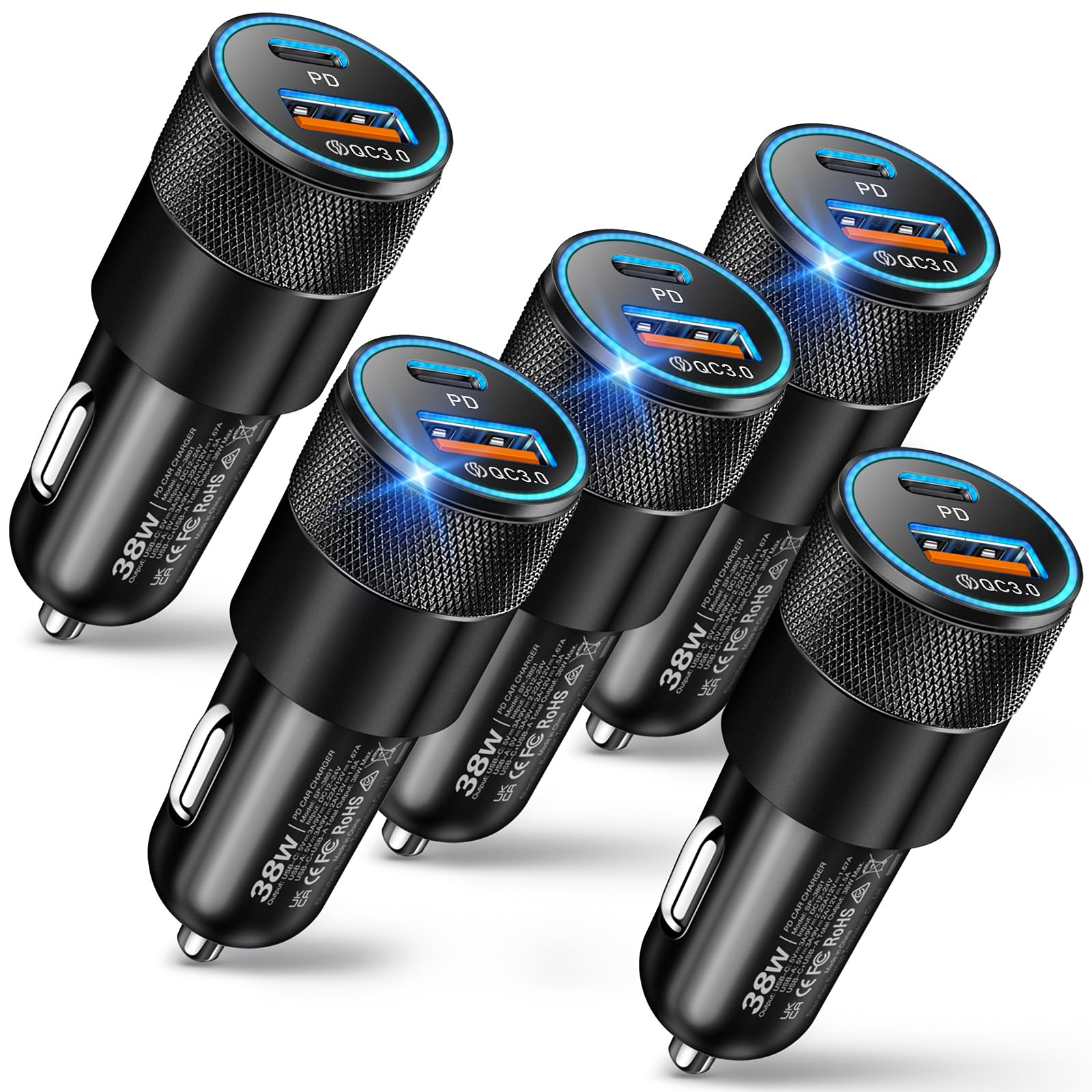 Caricabatteria da auto USB C, confezione da 5 pezzi, 38 W, doppia porta USB-C e USB-A, adattatore per accendisigari, ricarica rapida, per iPhone 16e, 16, 15, 14, 13, Samsung S24, Pixel Cargador para