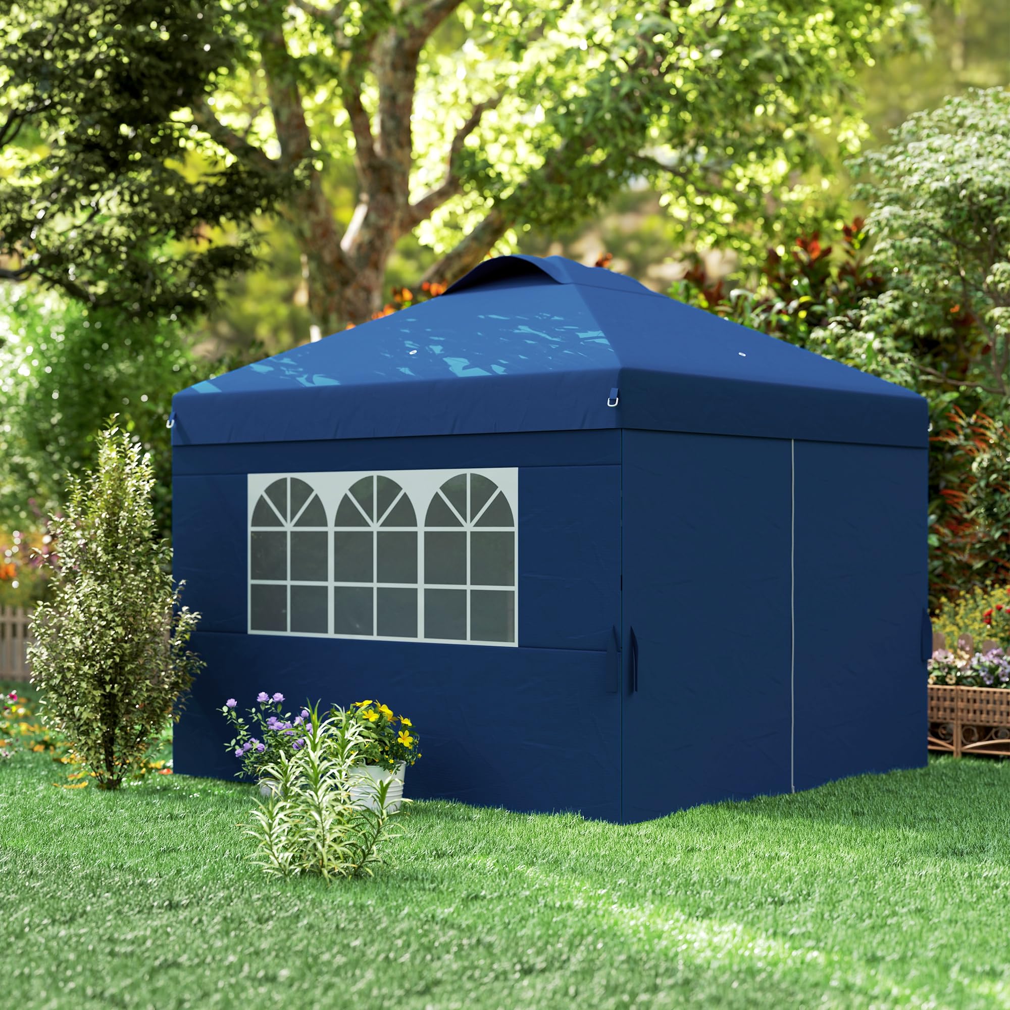 Outsunny Tonnelle de Jardin Pliante 3 x 3m Hauteur Réglable Bleu Foncé | Tente de Réception Pop-up, Parois Latérales, Aérations, Fenêtres, Sac de Transport à Roulettes, Tissu Oxford