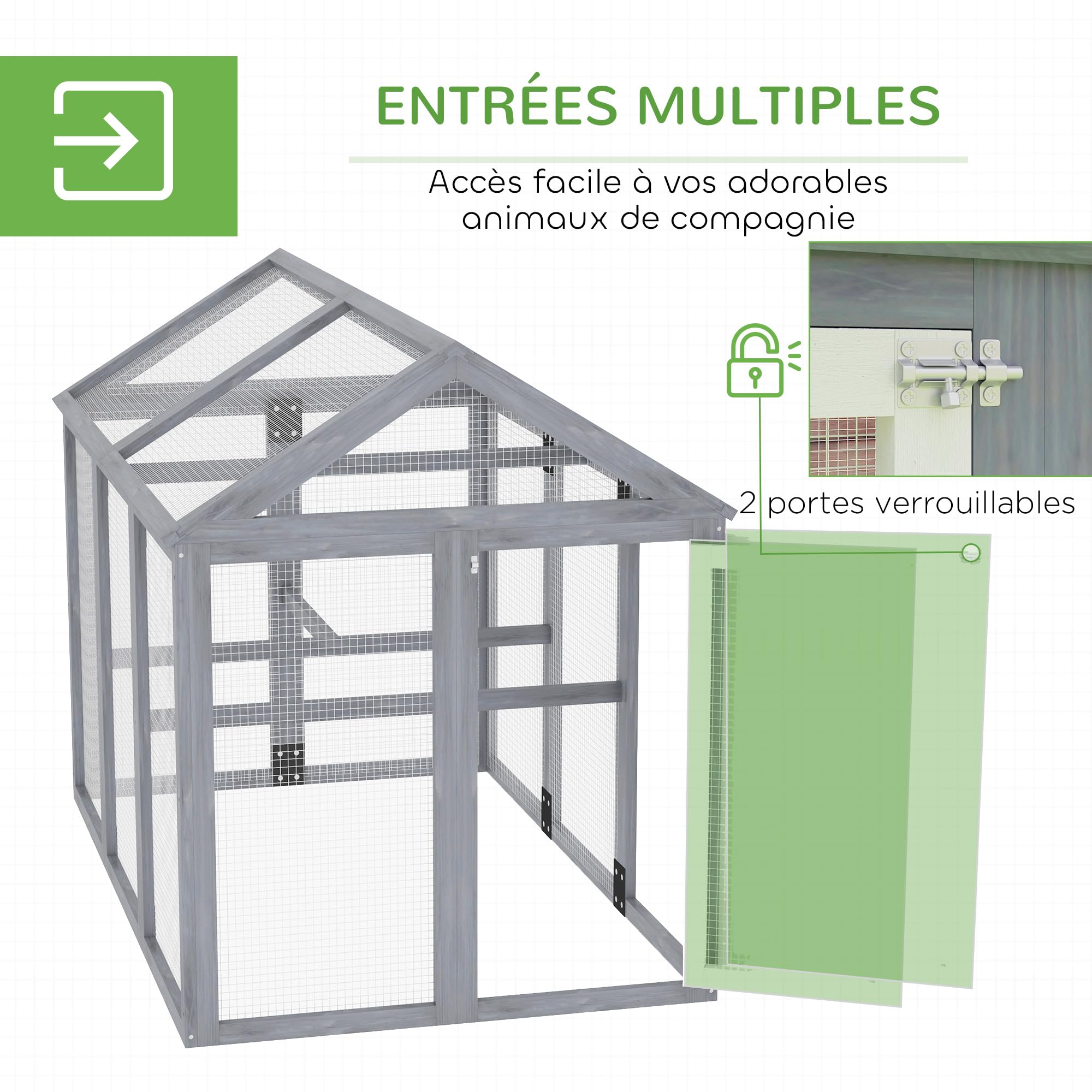 PawHut Enclos Poulailler 1,18 m² pour 1-3 Poules 140x88,5x106cm Gris | Parc à Poule Grillagé, Porte Verrouillables, Cadre en Bois Massif, Volière