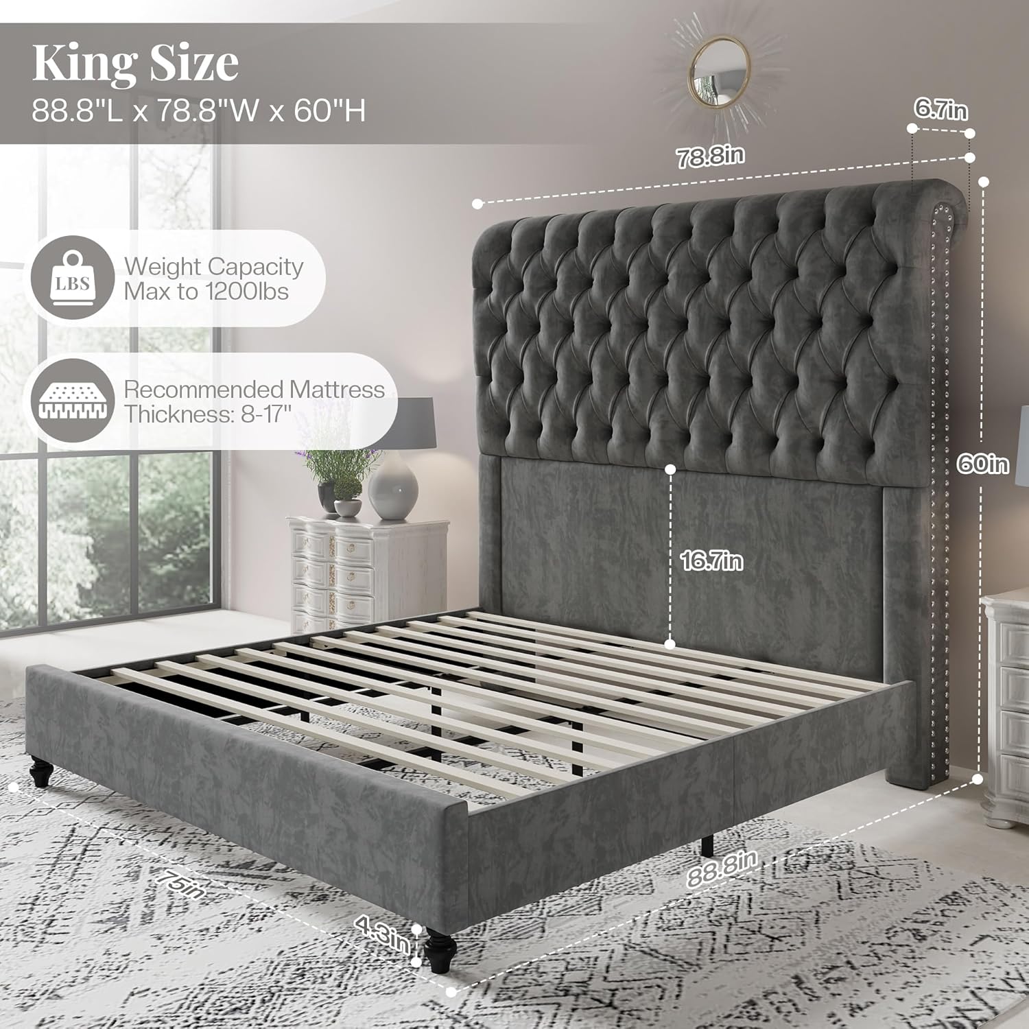 Diagram showing dimensions of Jocisland King Size Bed Frame (88.8