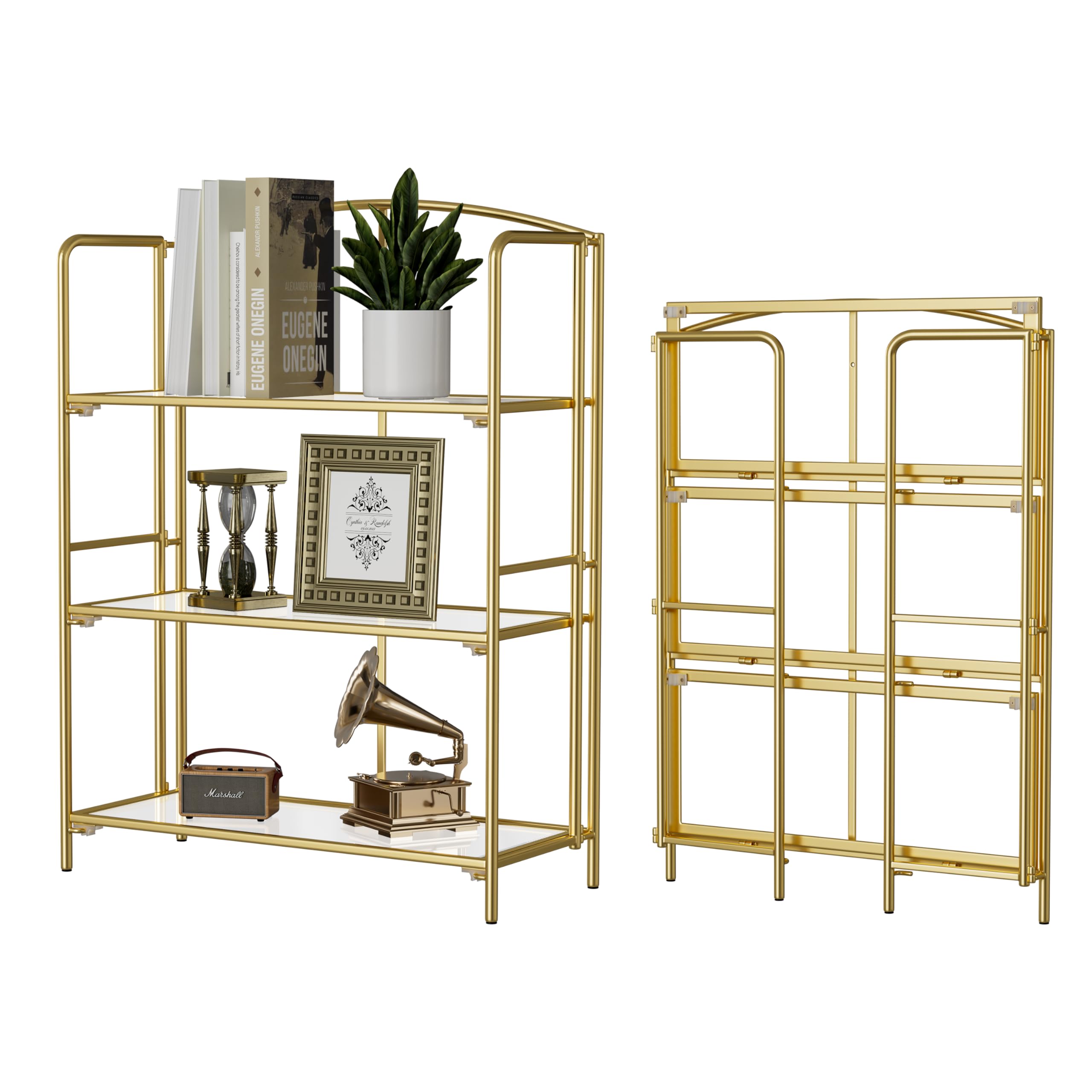 Crofy No Assembly Folding Bookshelf, 3 Tier Gold Bookshelf, Metal Book Shelf for Storage, Folding Bookcase for Office Organization and Storage, 12.87" D x 30.9" W x 42.33" H
