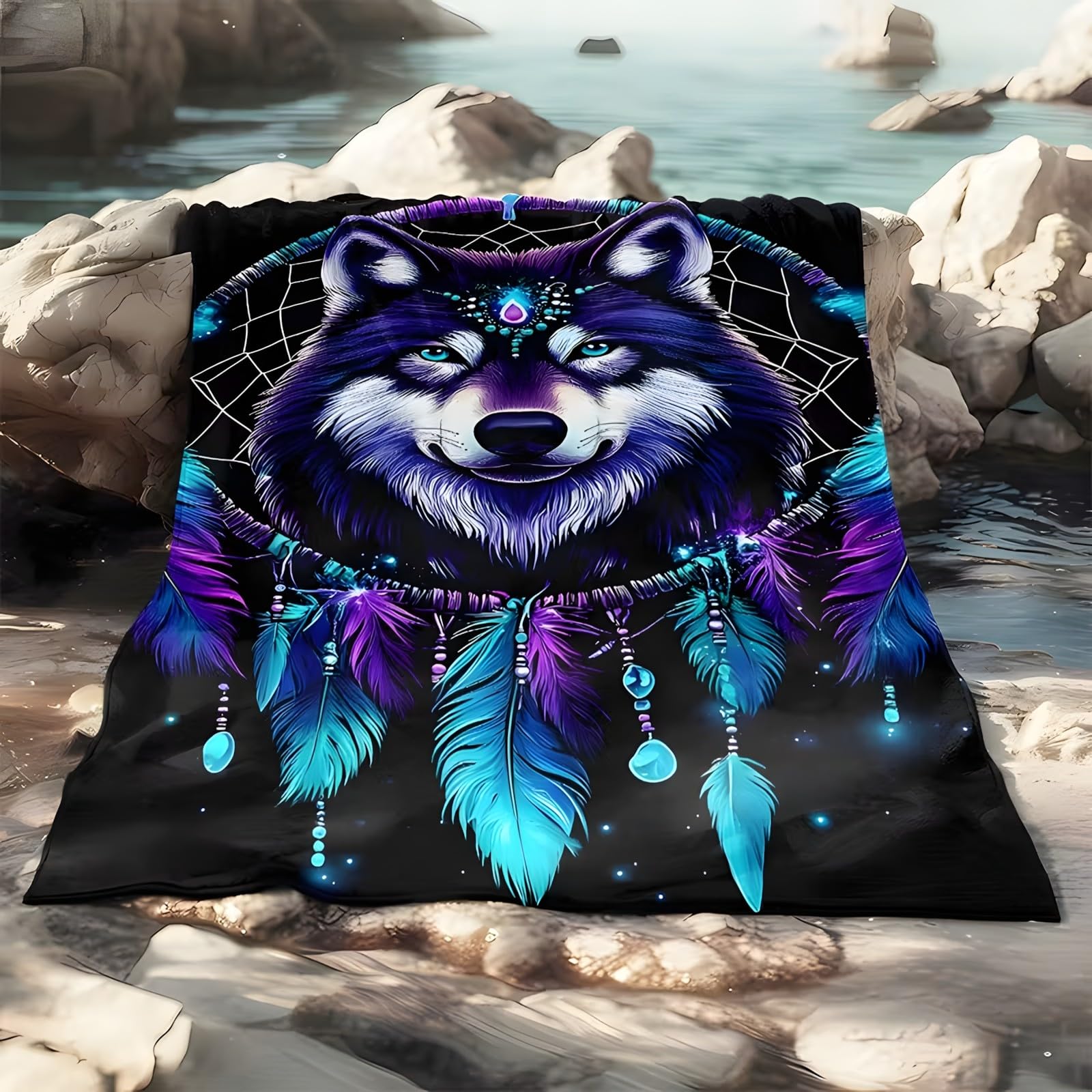 Couverture Polaire Attrape Rêves Loups et Plumes Plaid 200x200 cm