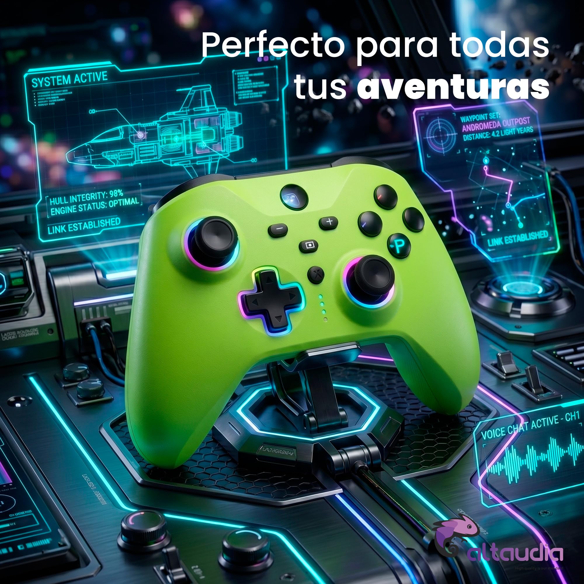 Altaudia Mando Inalámbrico Bluetooth para PC - Compatible con PC, Switch/Smartphone Android y iOS, Conexión USB, 2 Botones Macro, Vibración Dual, 6 Ejes, Luces LED RGB, Color Verde
