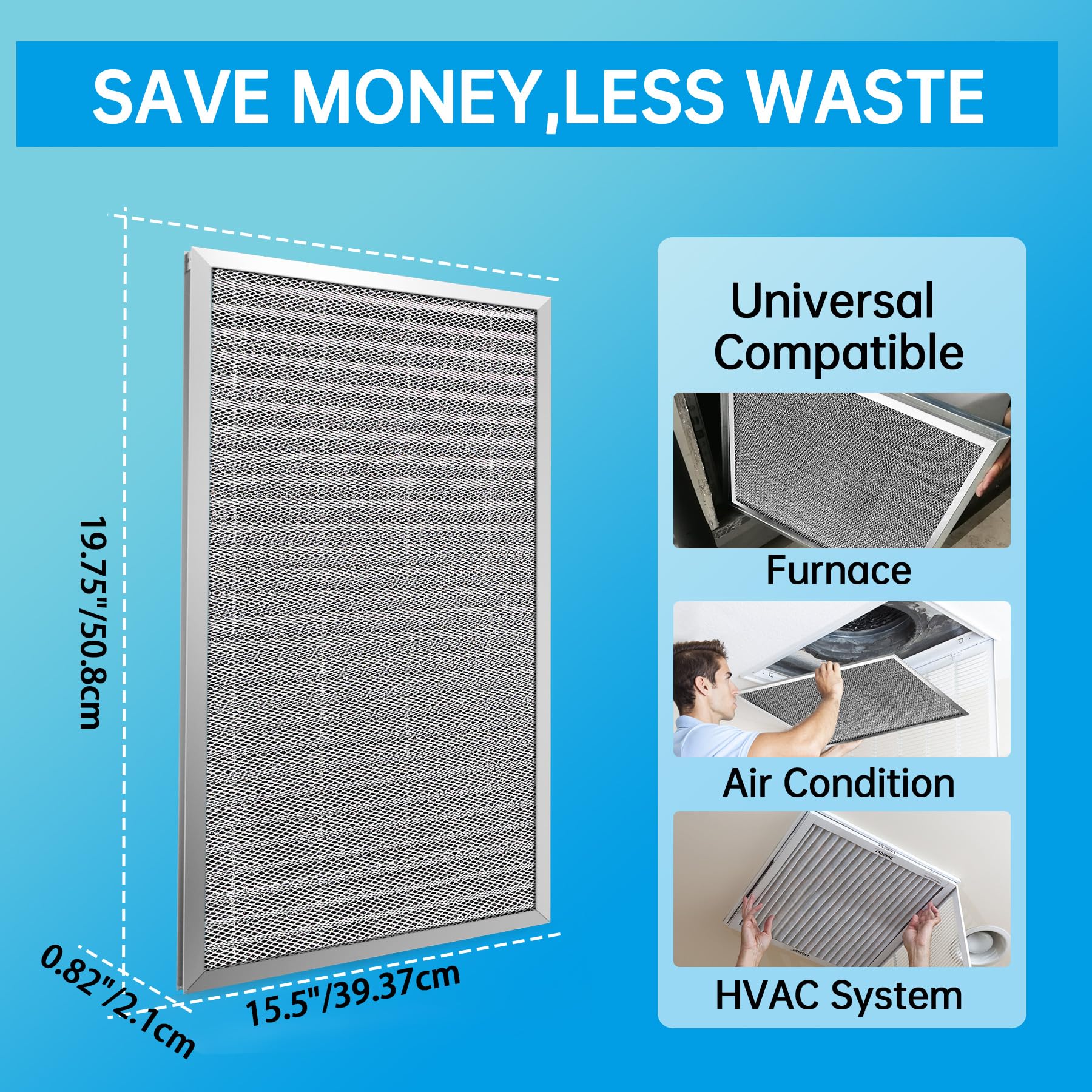 UBeesize Filtro dell'aria per forno HVAC AC da 16 x 20 x 1, riutilizzabile, lavabile, elettrostatico, dura una vita, filtro dell'aria permanente, respira più fresco, casa e ufficio (dimensioni
