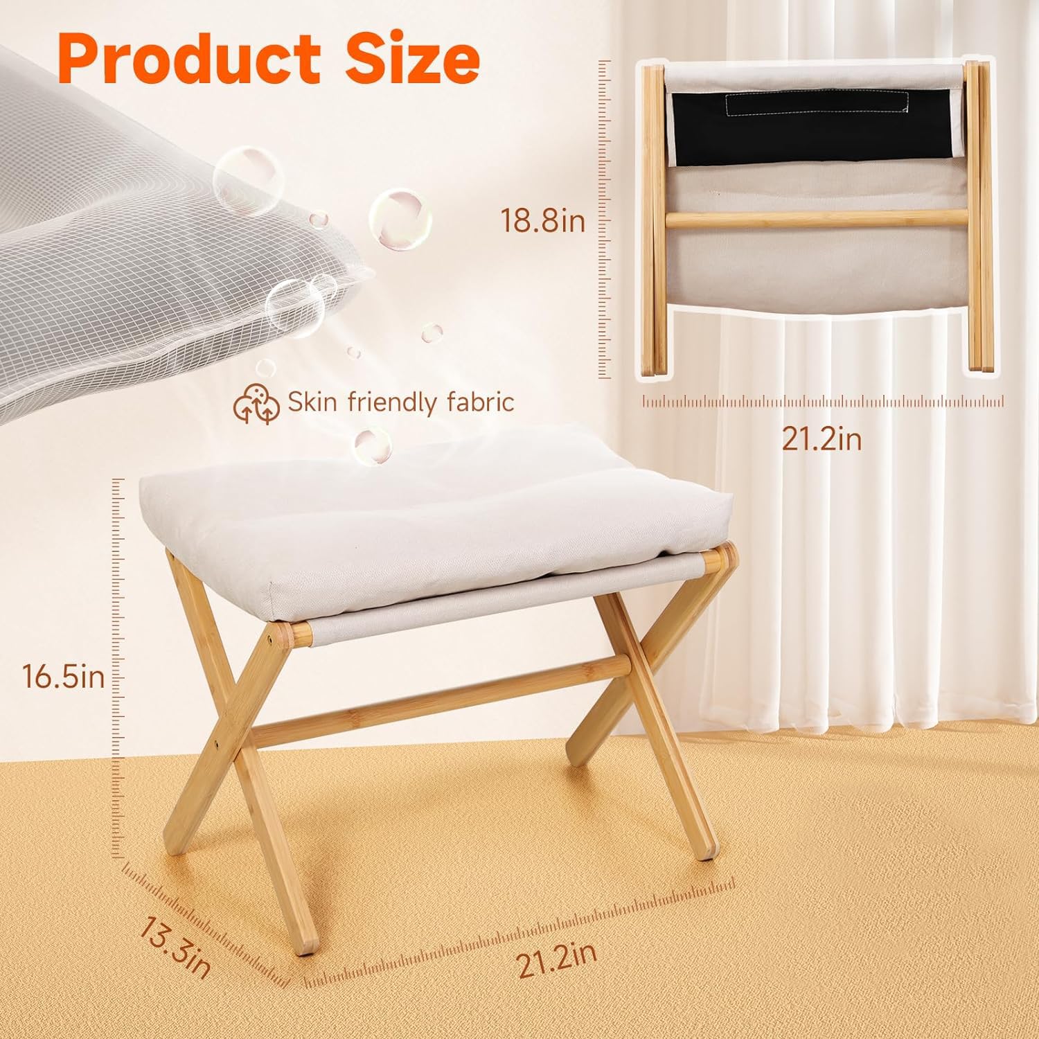 bimiti Taburetes plegables para reposapiés, taburetes otomanos pequeños, reposapiés de bambú, cambiador de zapatos con cojín de algodón extraíble para silla perezosa, sala de estar, dormitorio
