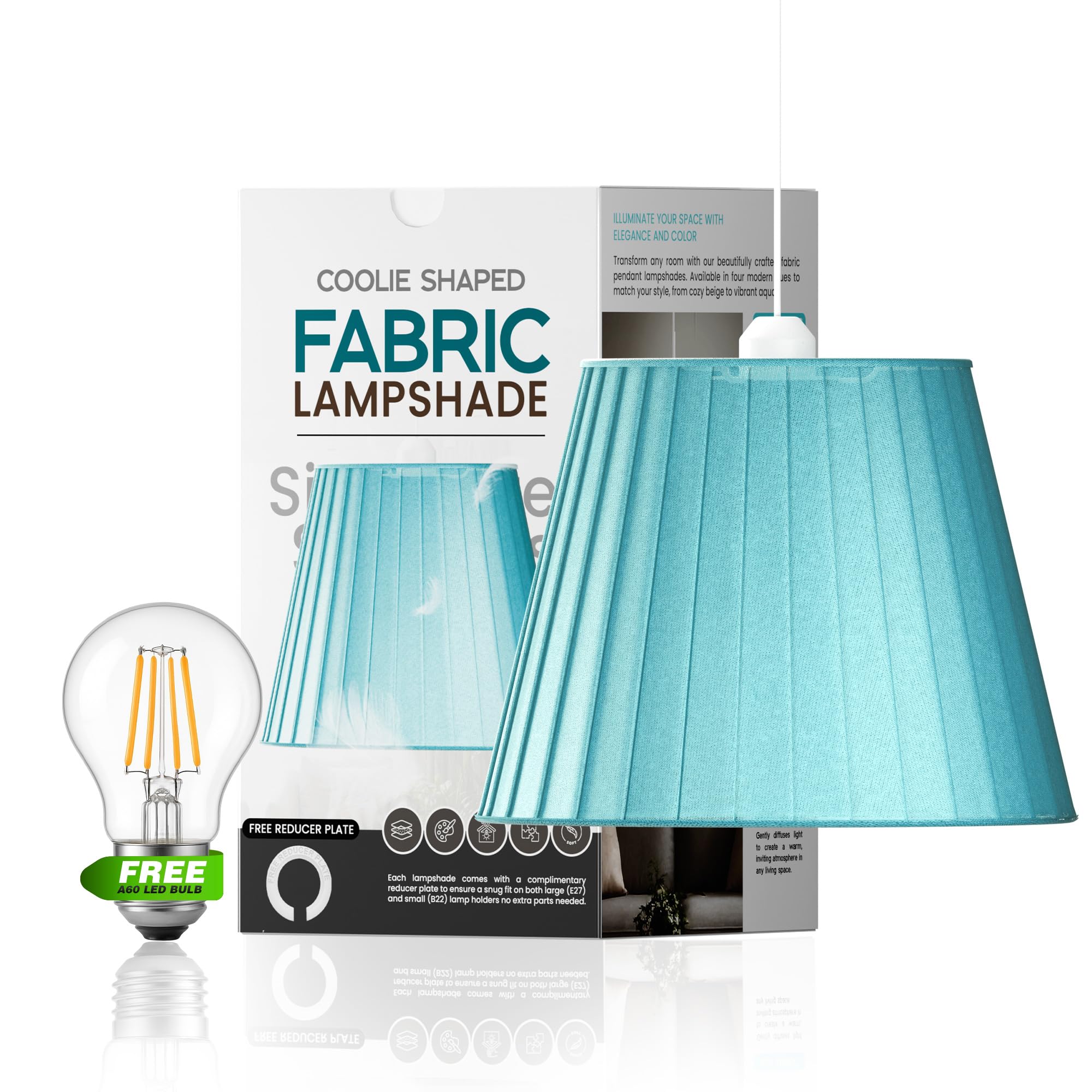 LEDSone Pleated Fabric Coolie Lampshade with A60 LED Bulb Light Blue Pendant Light Shade Non Electrical for Floor or Ceiling Lamps Use in Living Room Bedroom or Dining Room Decor